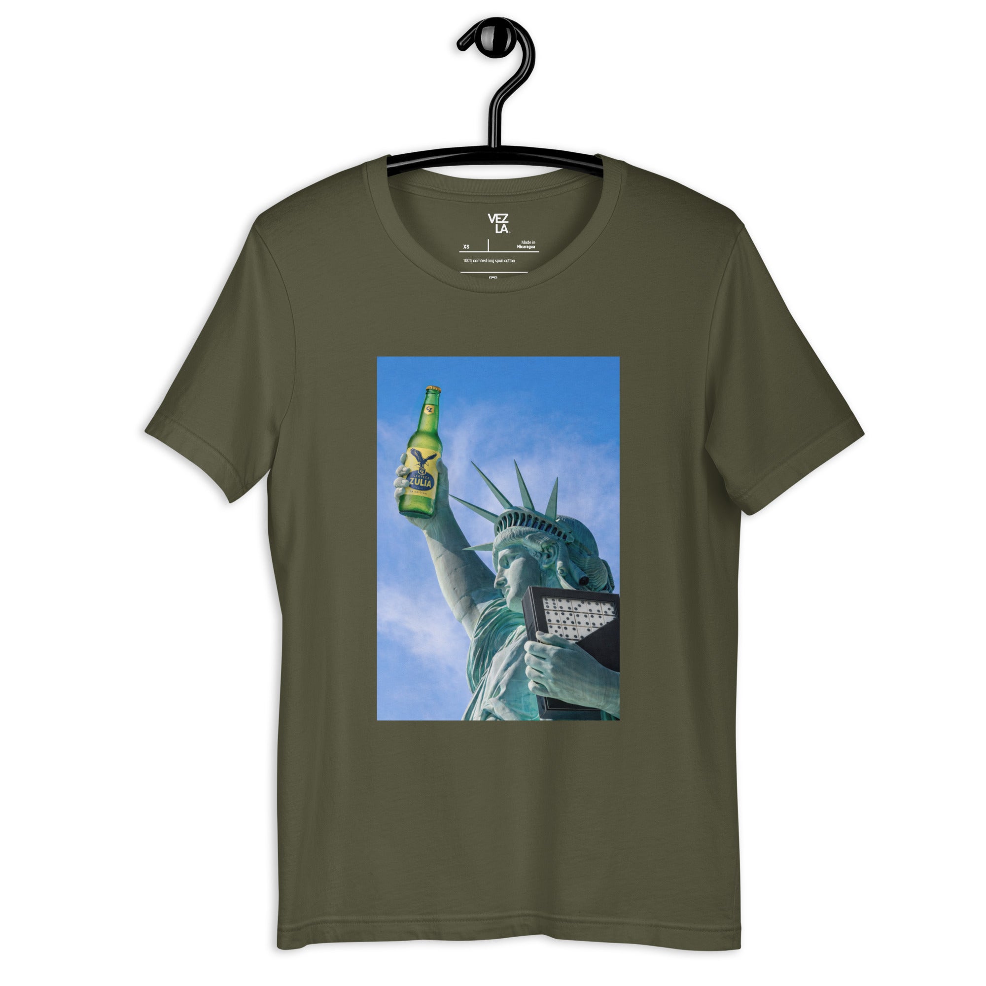 Statue of Liberty holding Zulia beer t-shirt in military green, front view — Venezuelan American #color_military_green