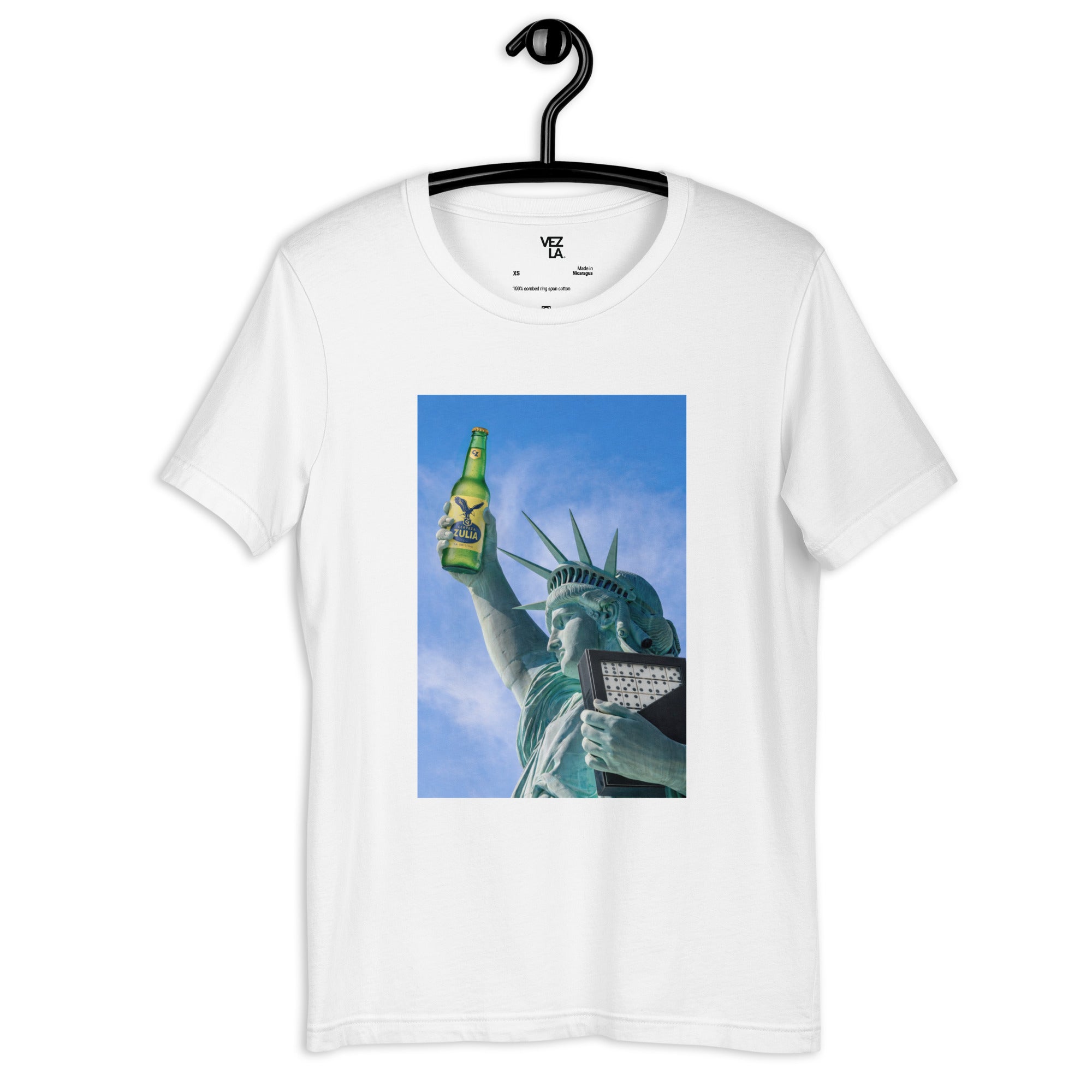 Statue of Liberty holding Zulia beer t-shirt in white, front view — Venezuelan American #color_white