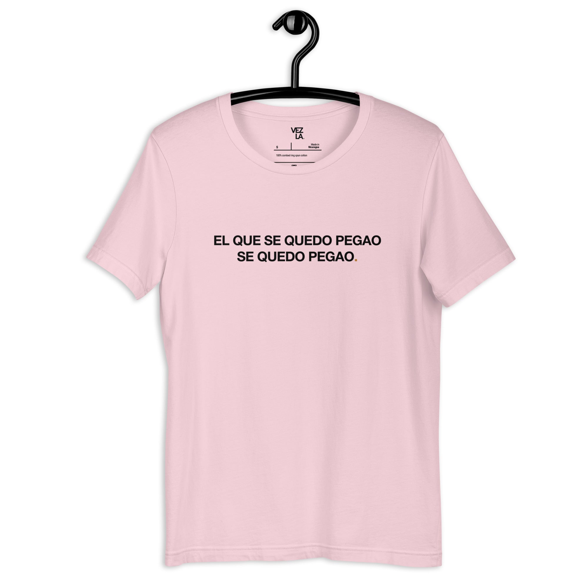 “El Que Se Quedo Pegao” t-shirt in soft pink, front view — Venezuelan t-shirt #color_soft_pink