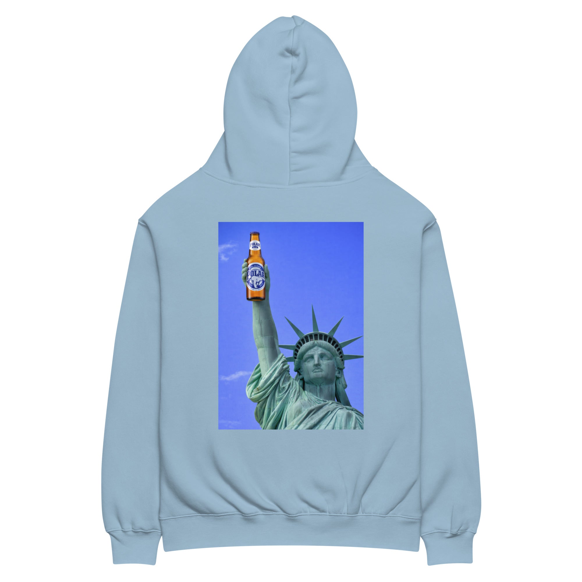 Statue of Liberty holding Polar beer oversized hoodie in carolina blue, front view — Venezuelan American #color_carolina_blue