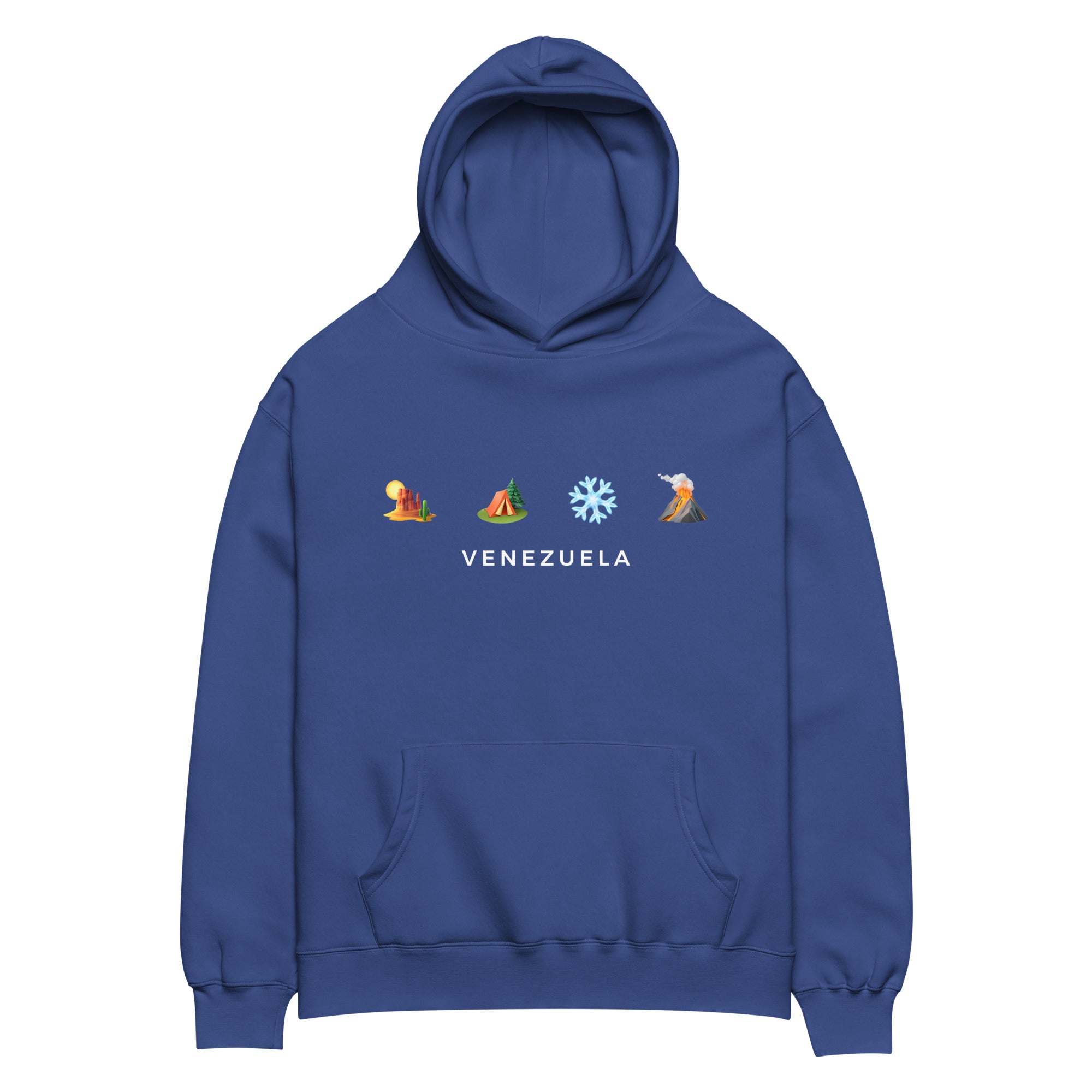 “Desierto, Selva, Nieve y Volcán” oversized hoodie in cobalt, front view — ropa venezolana #color_cobalt