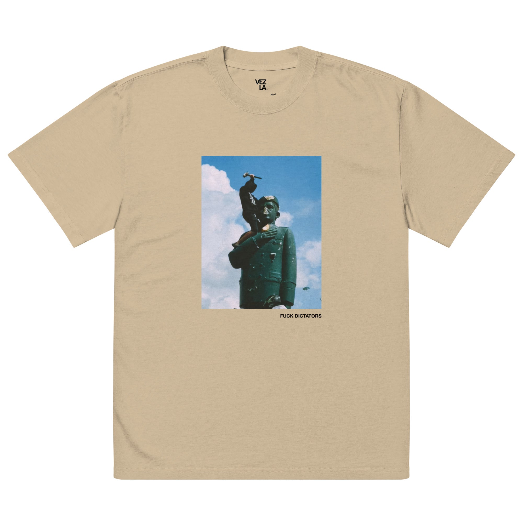 “F*ck Dictators” Chávez statue oversized faded tee in faded khaki, front view — Venezuelan political humor #color_faded_khaki