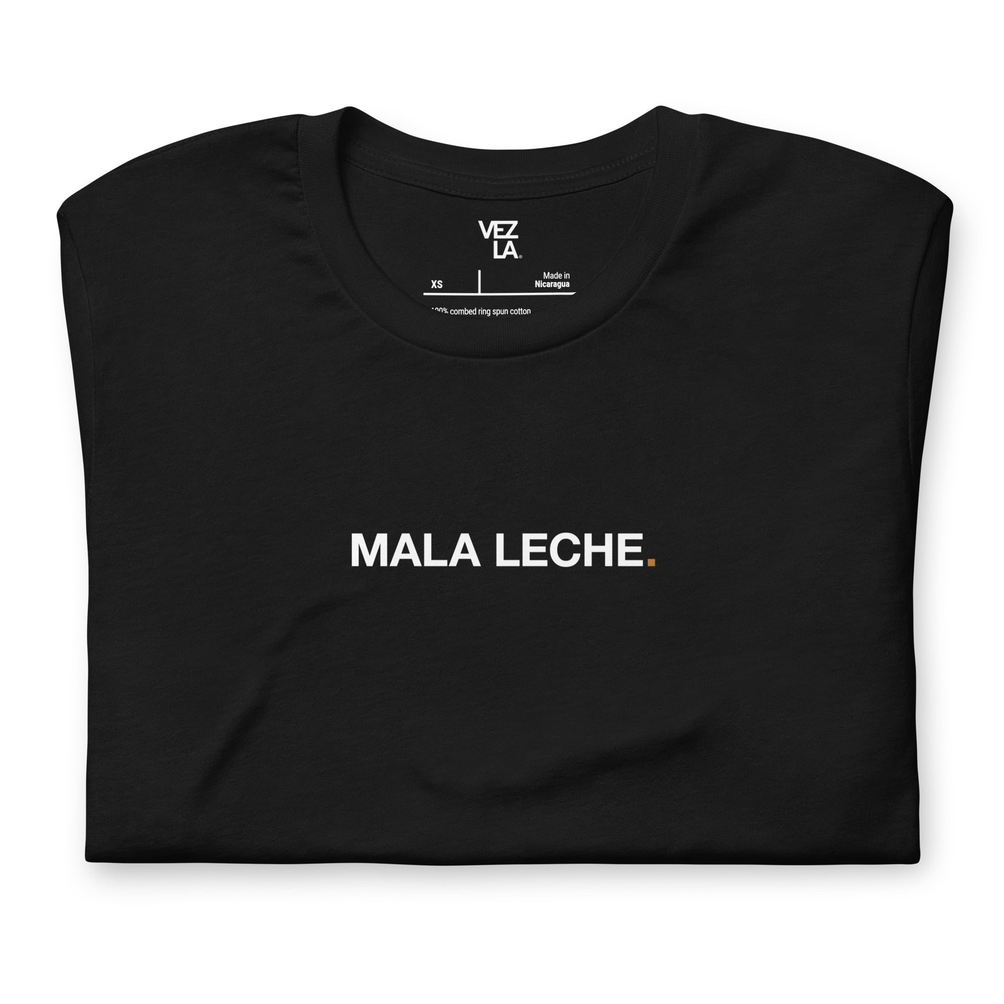 “Mala Leche” t-shirt in black, folded detail — Venezuelan t-shirt #color_black
