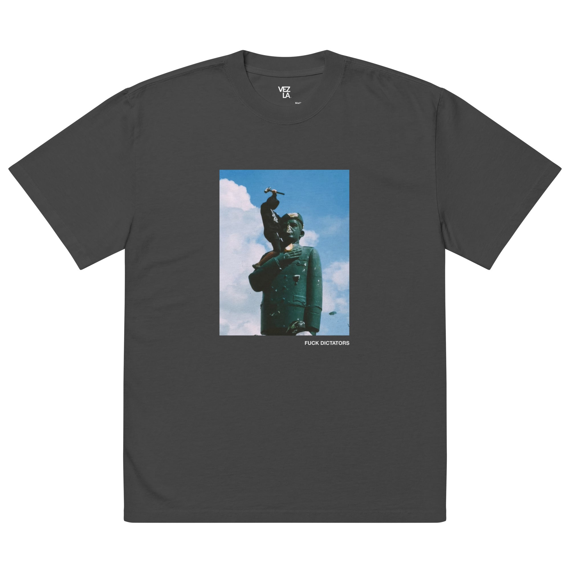“F*ck Dictators” Chávez statue oversized faded tee in faded black, front view — Venezuelan political humor #color_faded_black
