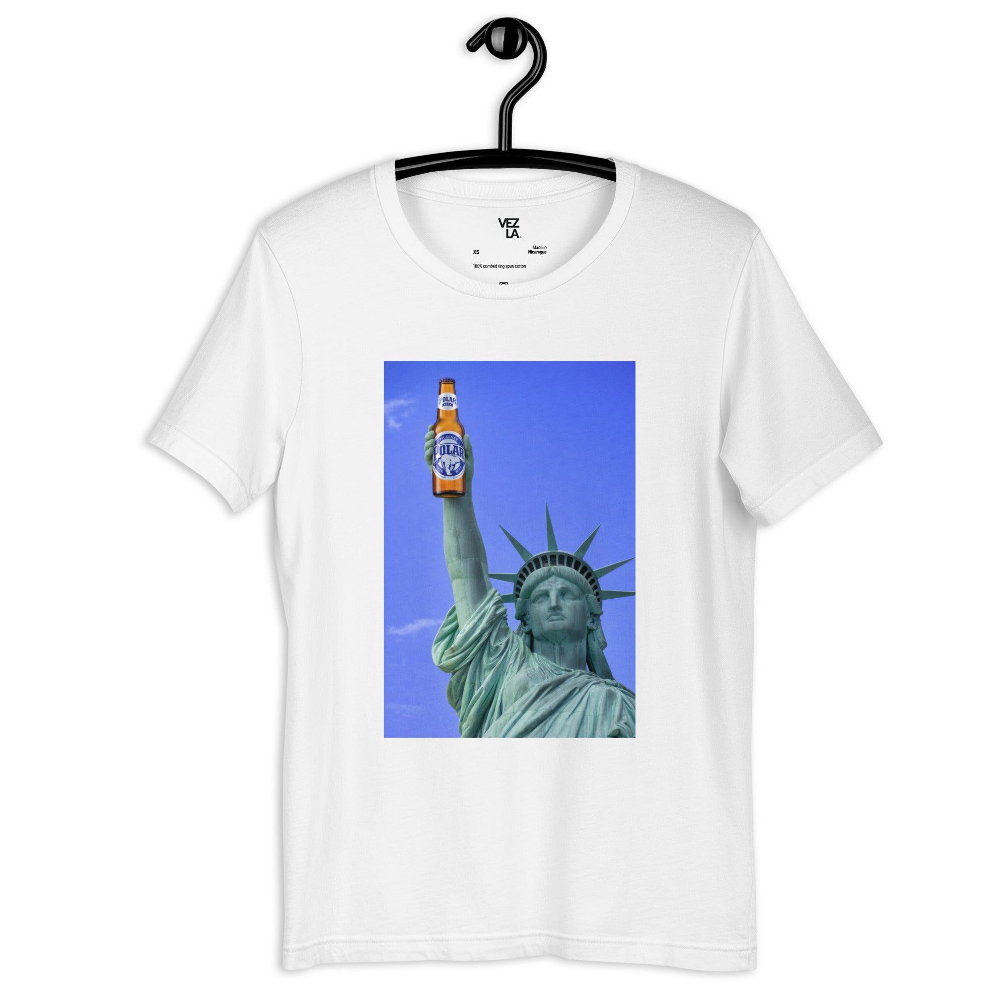Statue of Liberty holding Polar beer t-shirt in white, front view — Venezuelan American #color_white