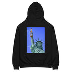 Statue of Liberty holding Polar beer oversized hoodie in black, front view — Venezuelan American #color_black