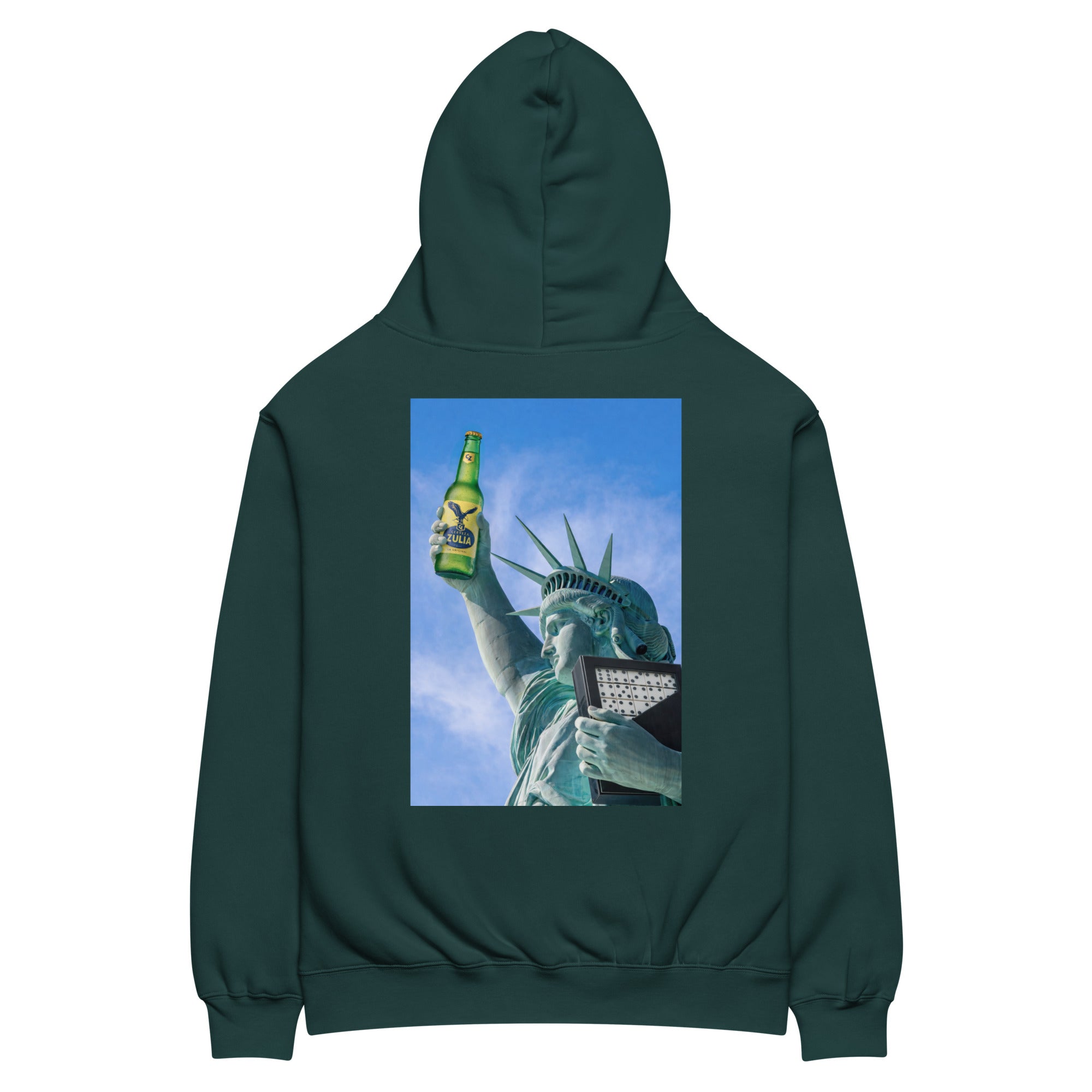 Statue of Liberty holding Zulia beer oversized hoodie in pine green, front view — Venezuelan American #color_pine_green