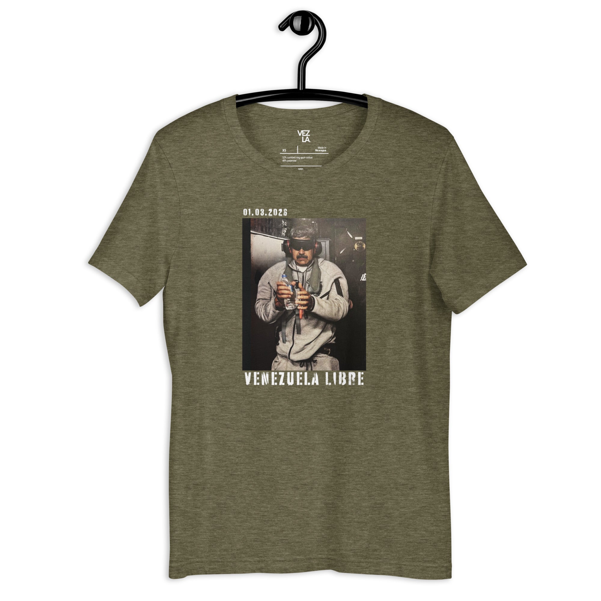 January 3rd 2026 “Venezuela Libre” t-shirt in heather olive, front view — Venezuelan t-shirt #color_heather_olive