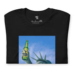 Statue of Liberty holding Zulia beer t-shirt in black, folded detail — Venezuelan American #color_black