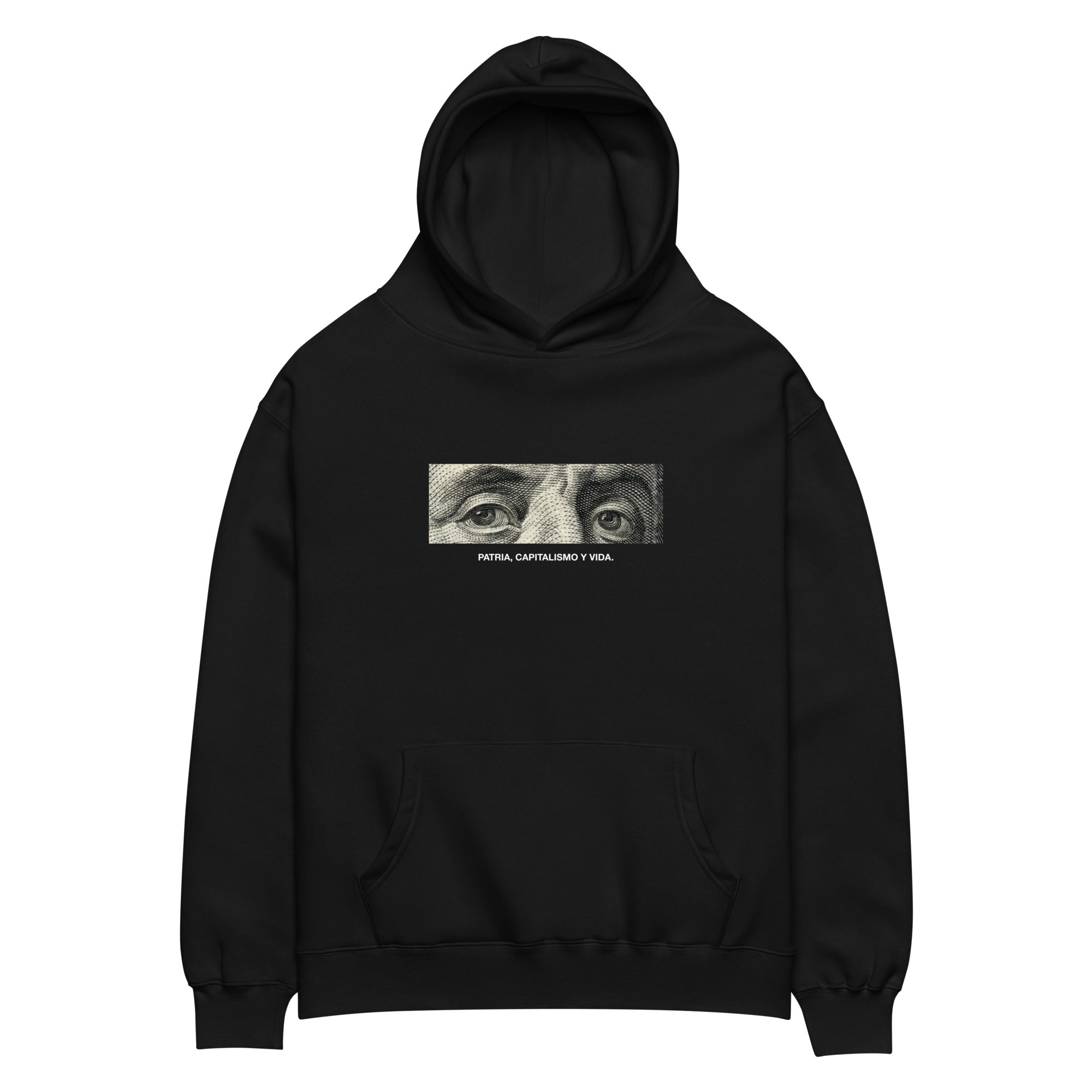 “Patria, Capitalismo y Vida” oversized hoodie in black, front view — Venezuelan political humor #color_black