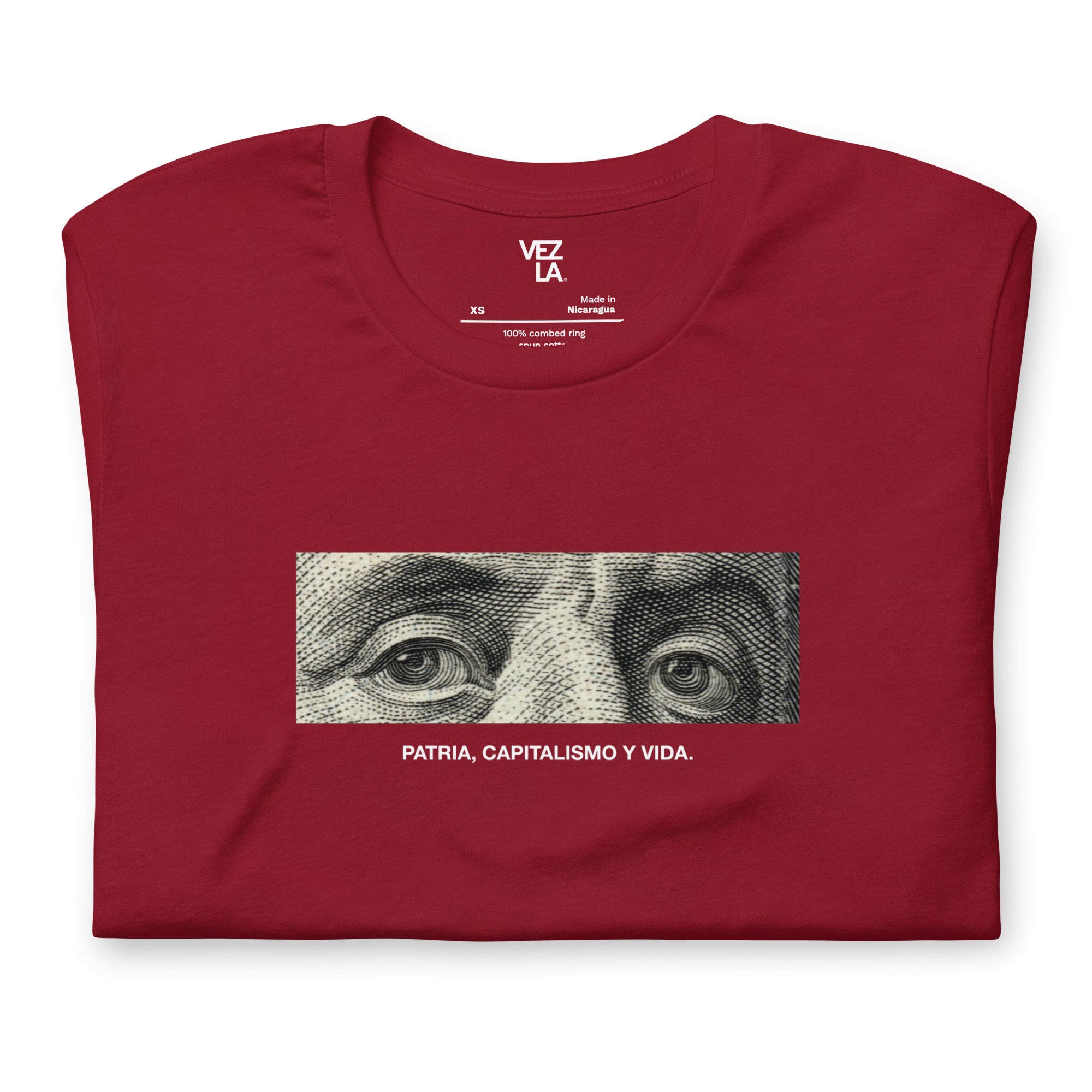 “Patria, Capitalismo y Vida” t-shirt in cardinal, folded detail — Venezuelan political humor #color_cardinal