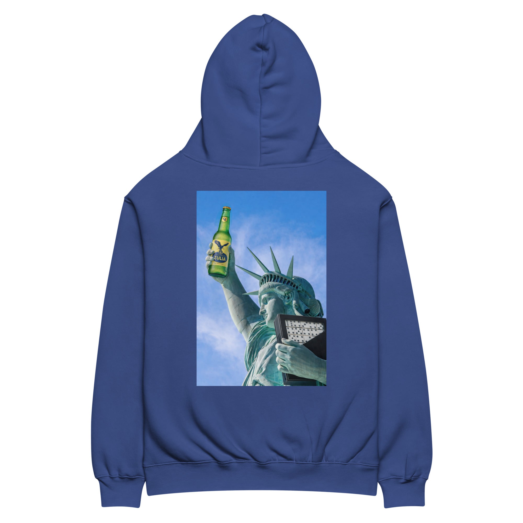 Statue of Liberty holding Zulia beer oversized hoodie in cobalt, front view — Venezuelan American #color_cobalt