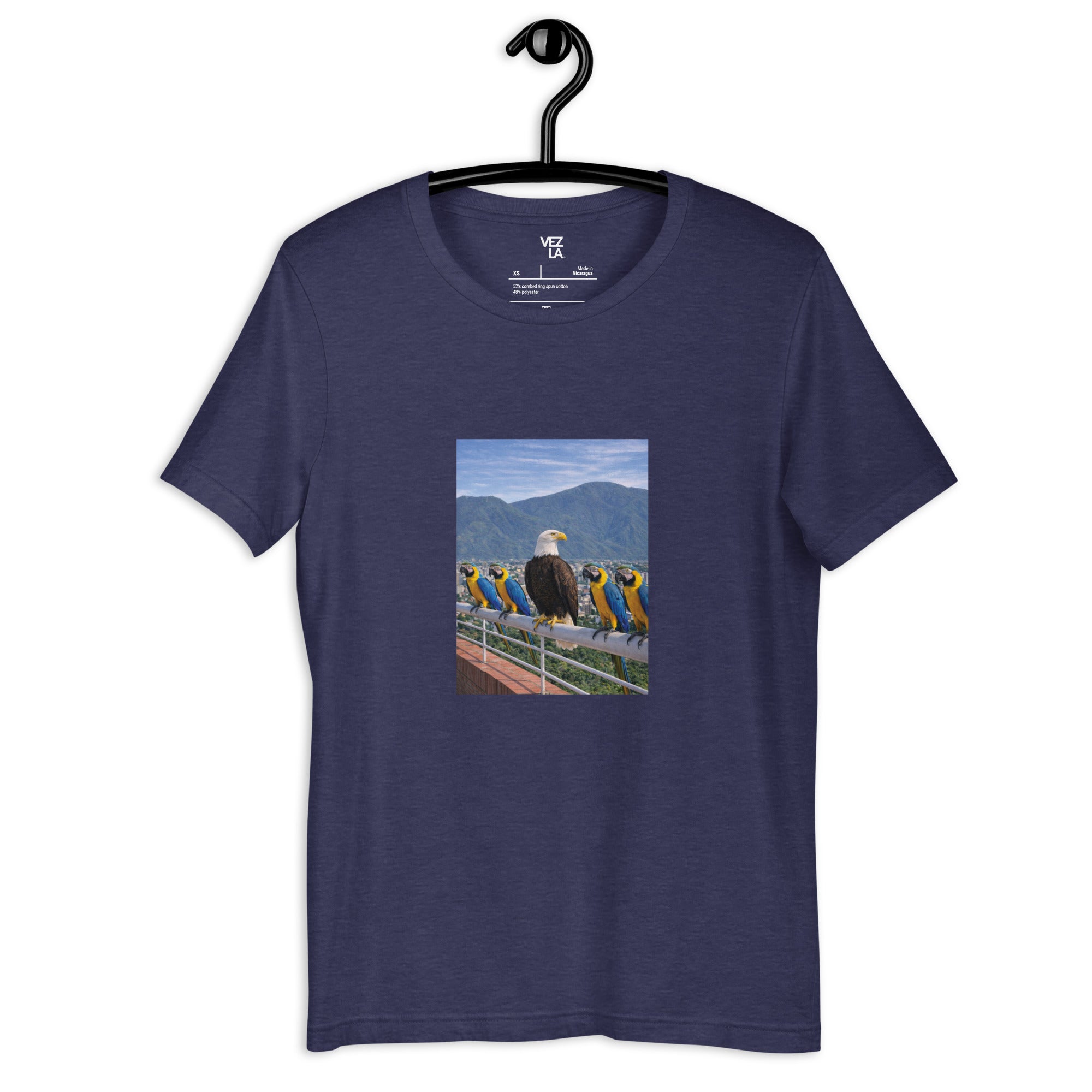 White eagle and guacamayas t-shirt in heather midnight navy, front view — Venezuelan t-shirt #color_heather_midnight_navy