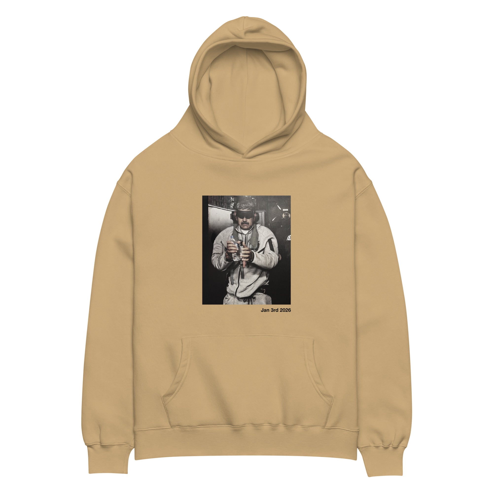 January 3rd 2026 oversized hoodie in sand, front view — ropa venezolana #color_sand