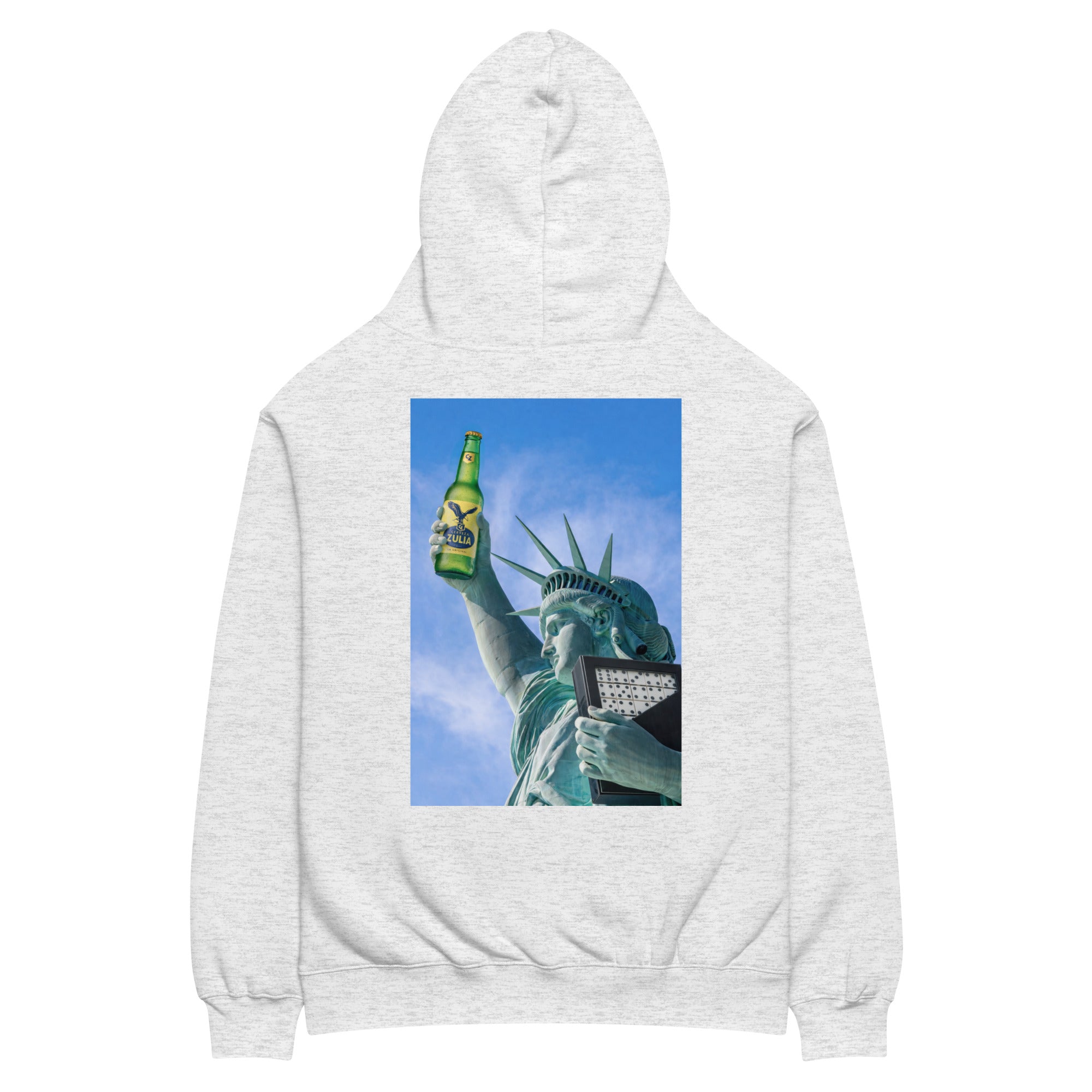 Statue of Liberty holding Zulia beer oversized hoodie in white heather, front view — Venezuelan American #color_white_heather