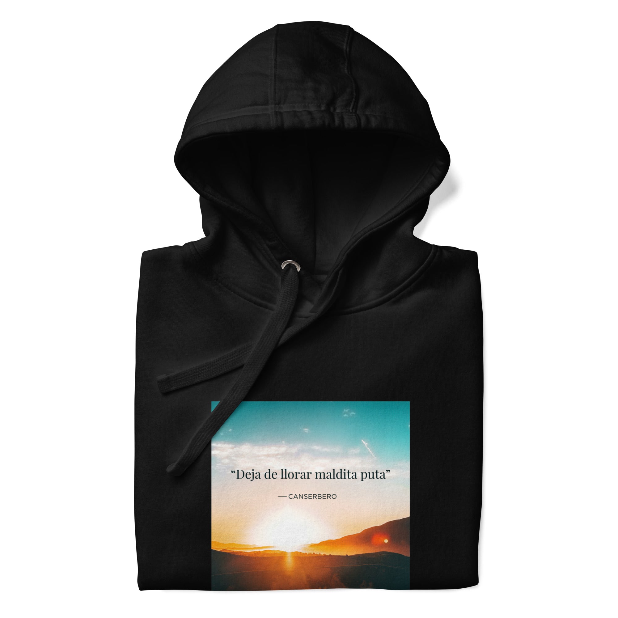 Canserbero “inspirational” quote hoodie in black, folded detail — Canserbero merch #color_black