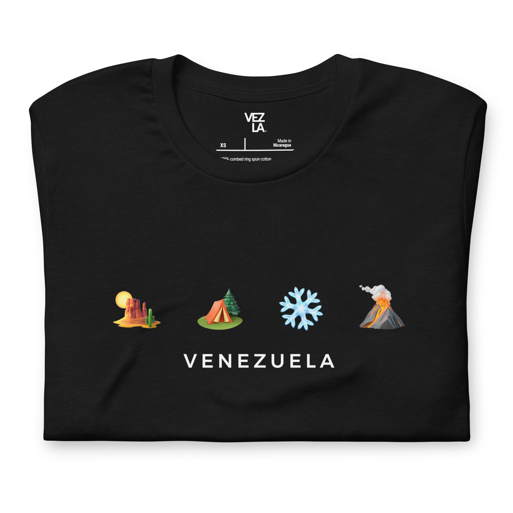 “Desierto, selva, nieve y volcán” t-shirt in black, folded detail — ropa venezolana #color_black