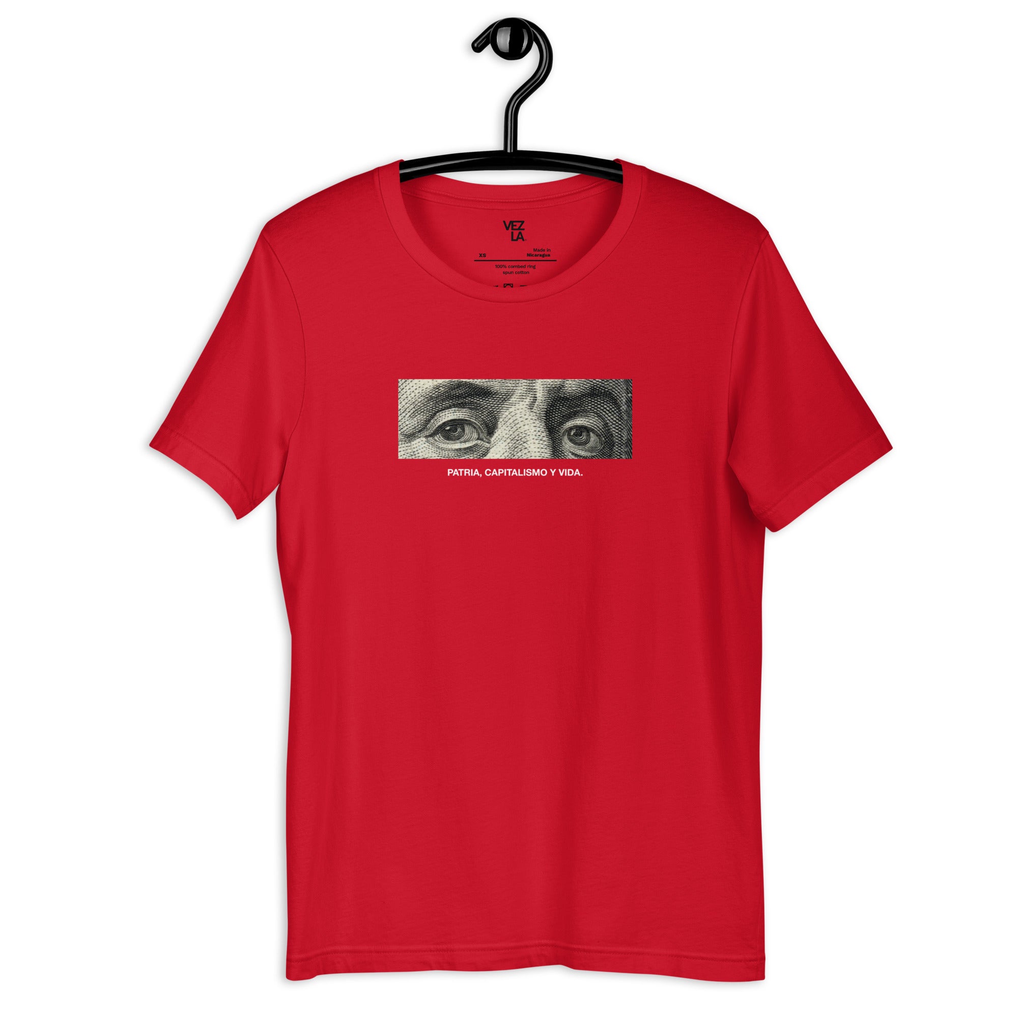 “Patria, Capitalismo y Vida” t-shirt in red, front view — Venezuelan political humor #color_red