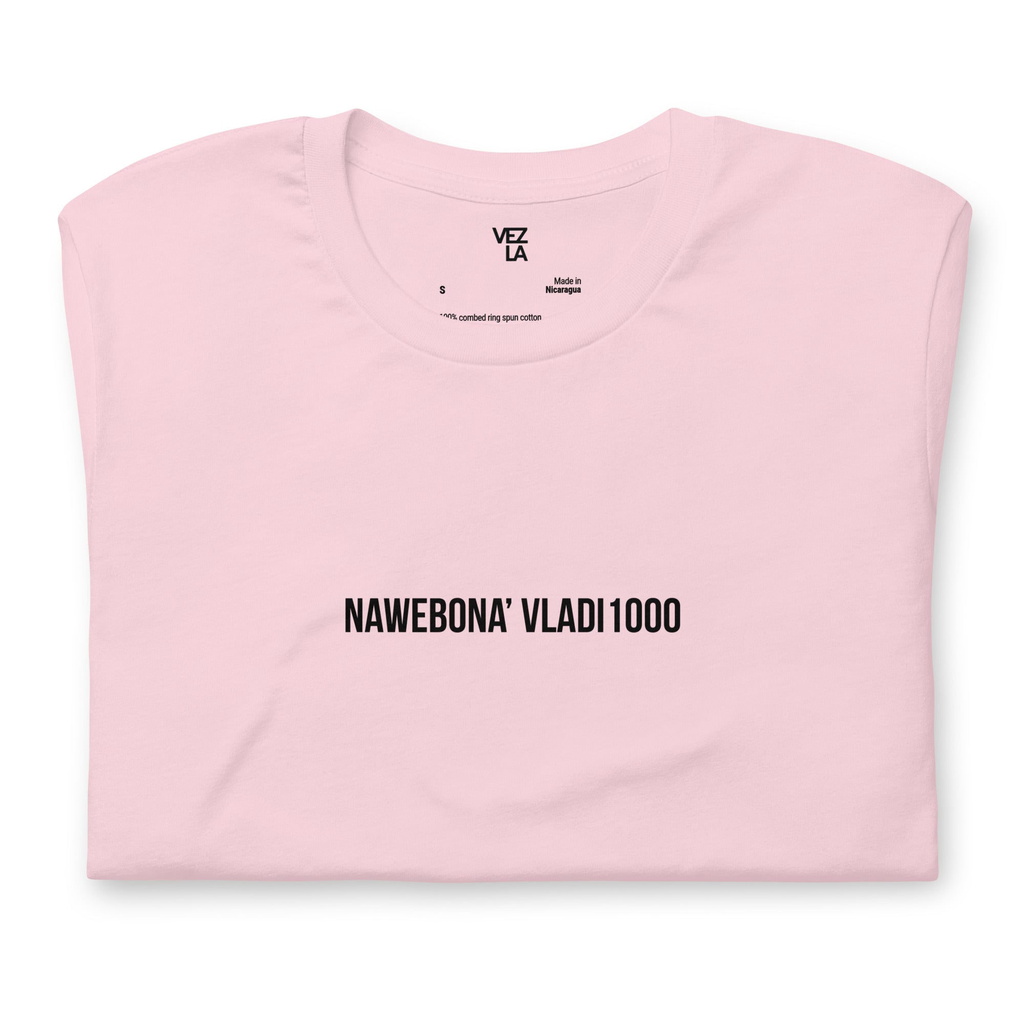 “Nawebona’ Vladi1000” t-shirt in soft pink, folded detail — Venezuelan t-shirt #color_soft_pink