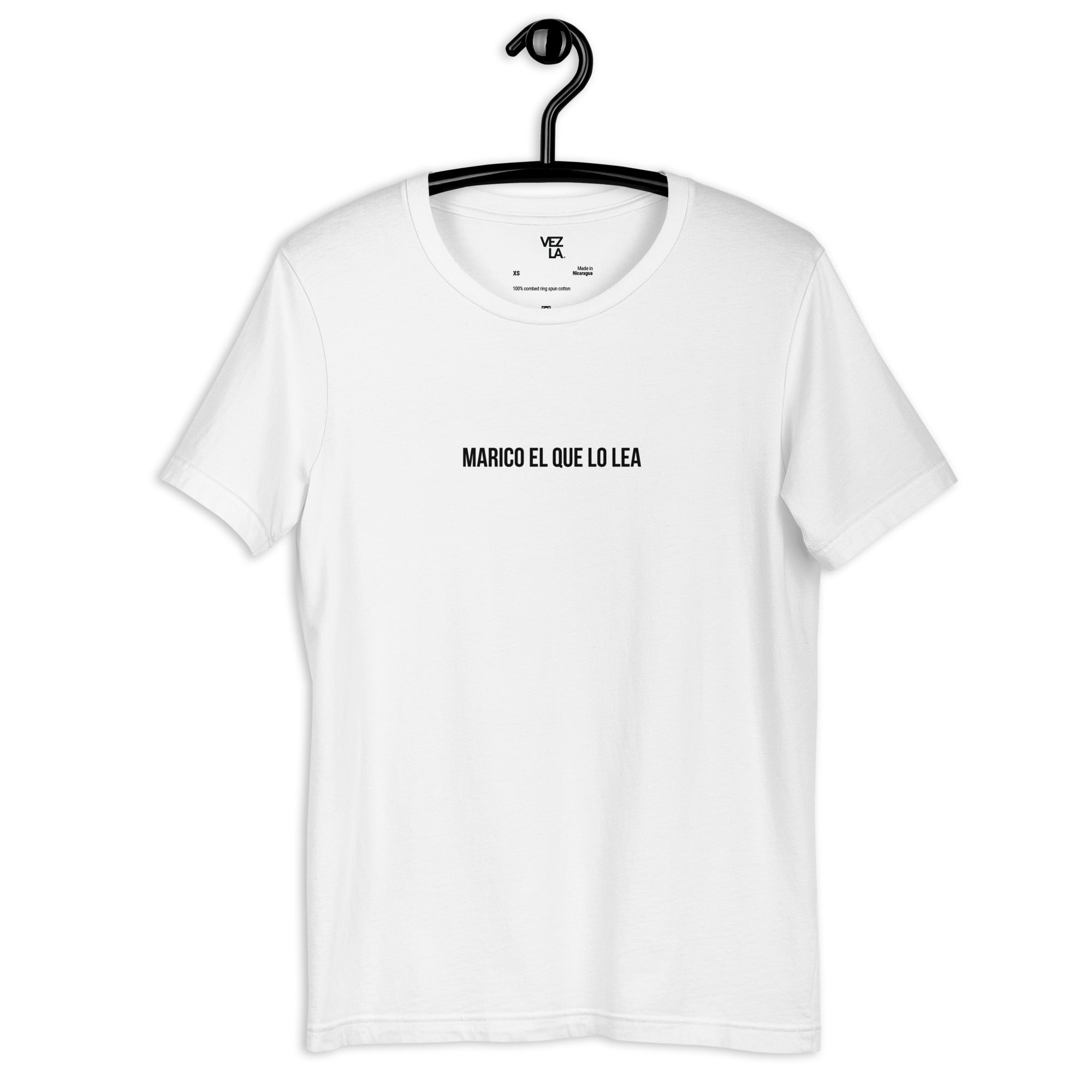 “Marico el que lo lea” t-shirt in white, front view — Venezuelan t-shirt #color_white