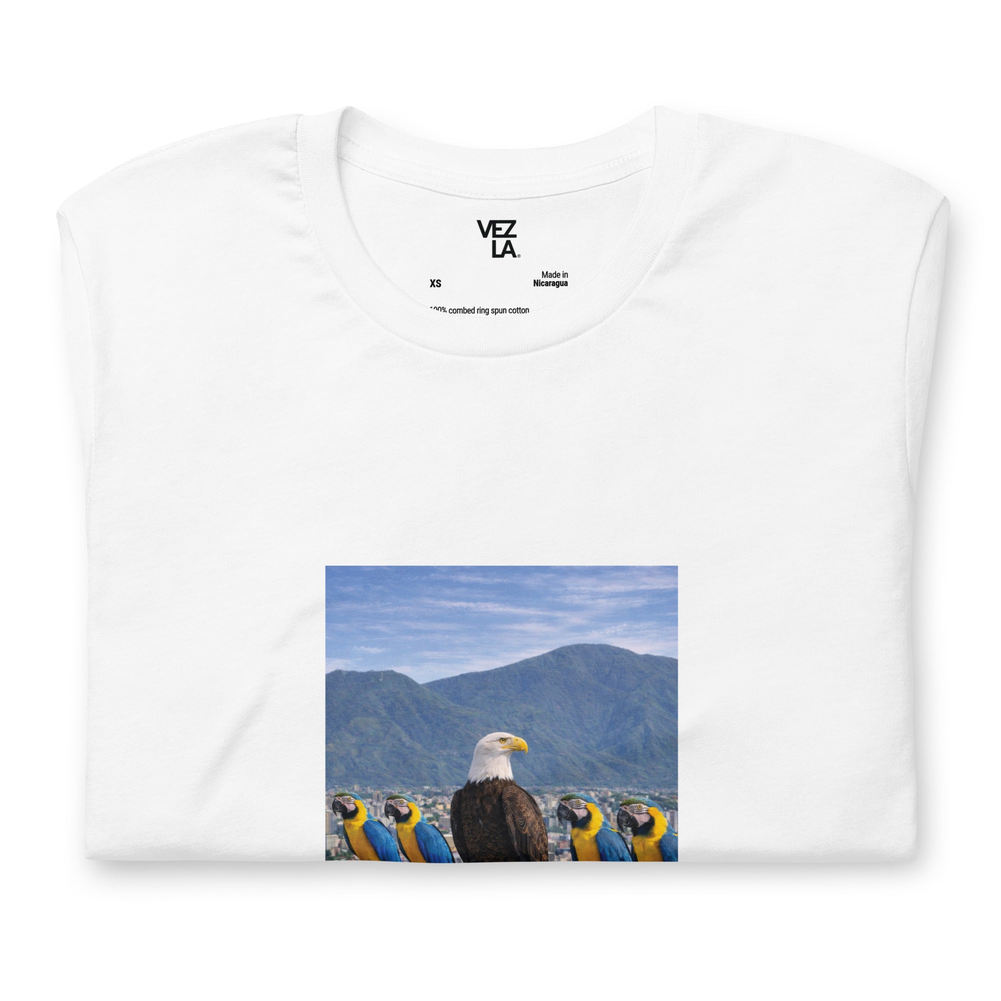 White eagle and guacamayas t-shirt in white, folded detail — Venezuelan t-shirt #color_white