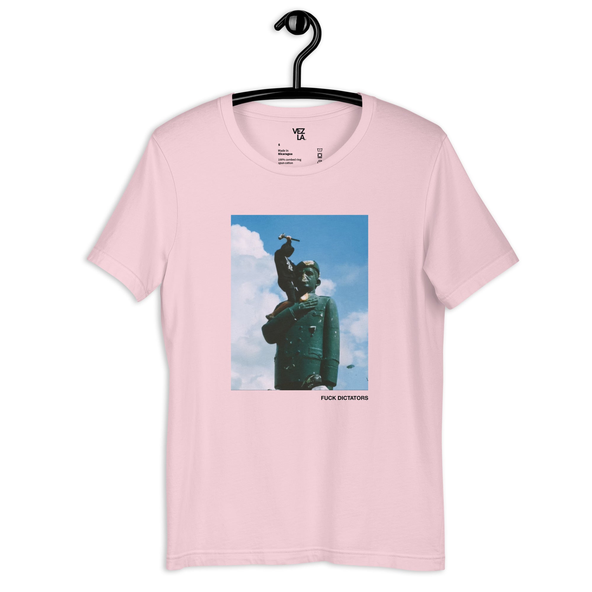 “F*ck Dictators” Chávez statue t-shirt in soft pink, front view — Venezuelan political humor #color_soft_pink