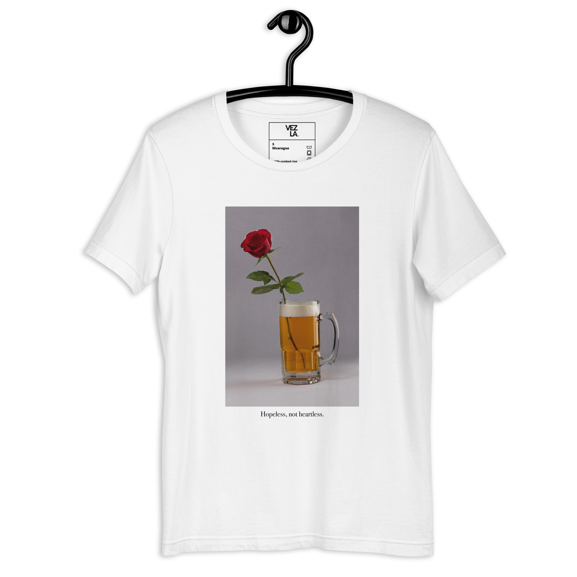 “Hopeless, not heartless” t-shirt in white, front view — Venezuelan streetwear #color_white