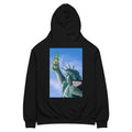 Statue of Liberty holding Zulia beer oversized hoodie in black, front view — Venezuelan American #color_black