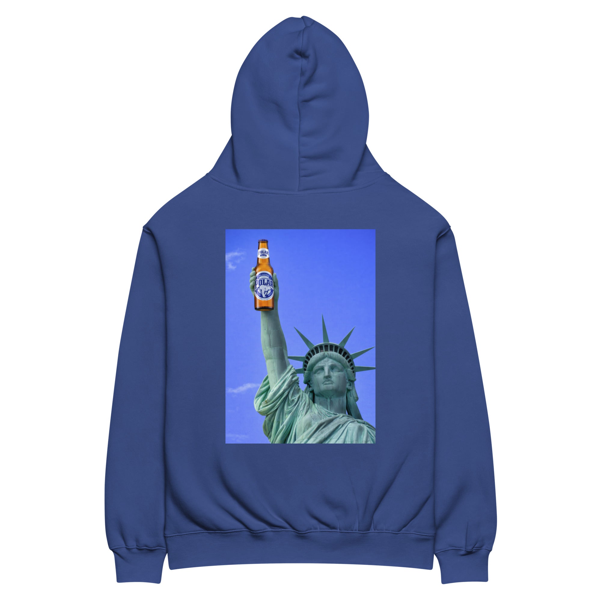 Statue of Liberty holding Polar beer oversized hoodie in cobalt, front view — Venezuelan American #color_cobalt