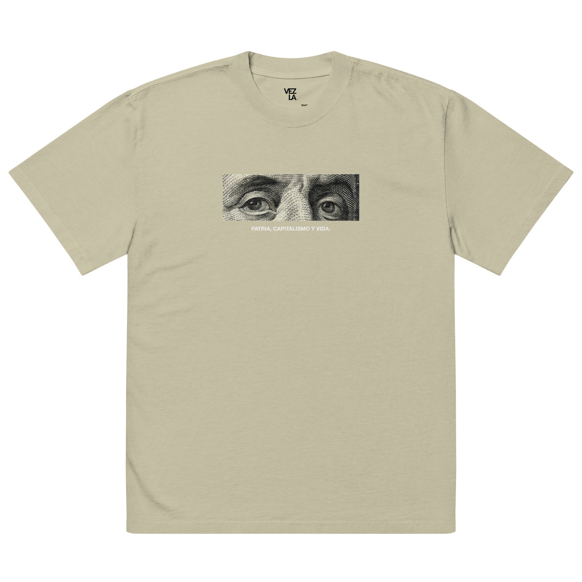 “Patria, Capitalismo y Vida” oversized faded tee in faded eucalyptus, front view — Venezuelan political humor #color_faded_eucalyptus