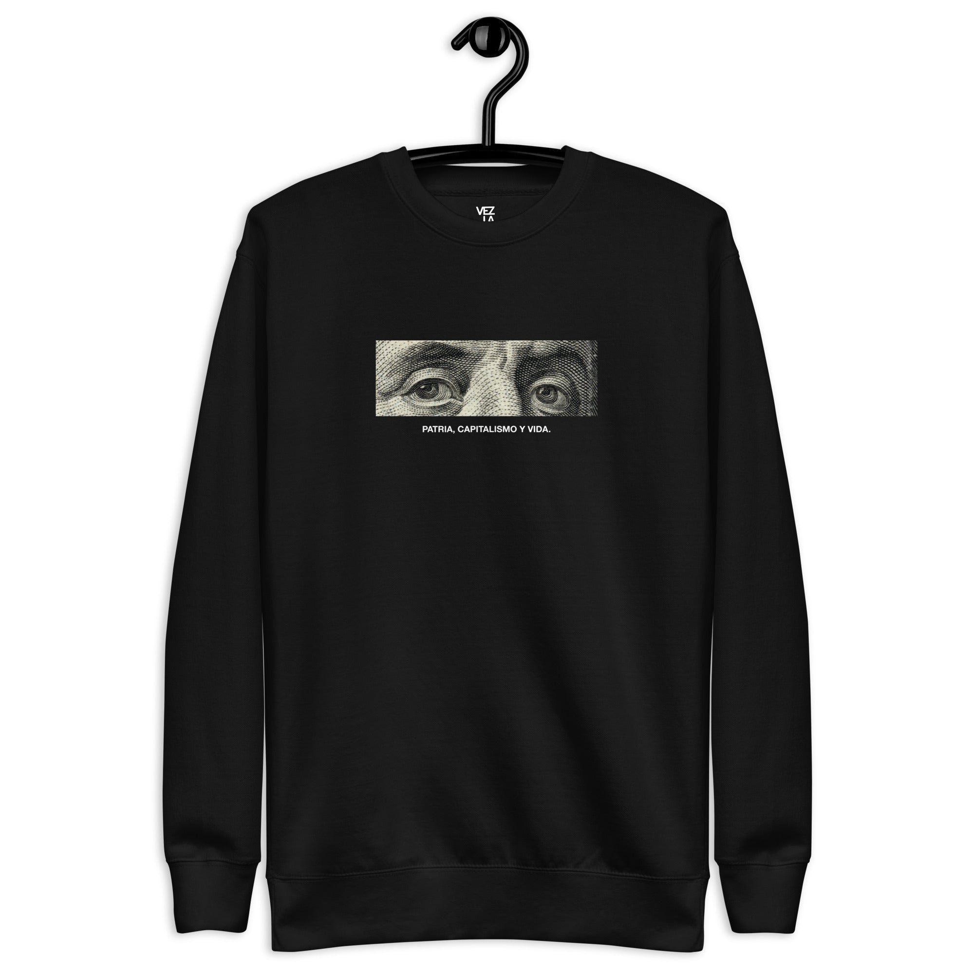 “Patria, Capitalismo y Vida” premium sweatshirt in black, front view — Venezuelan political humor #color_black