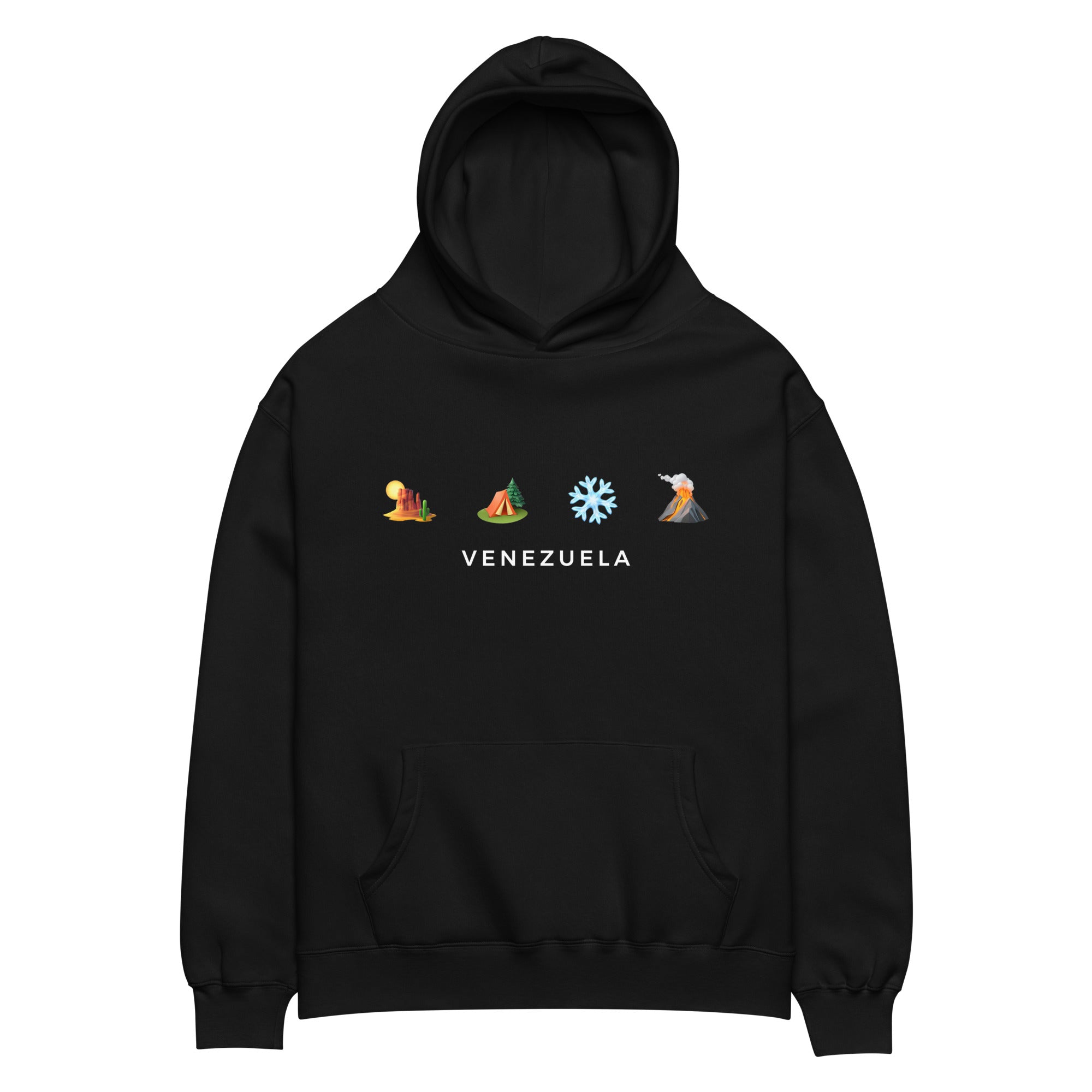 “Desierto, Selva, Nieve y Volcán” oversized hoodie in black, front view — ropa venezolana #color_black