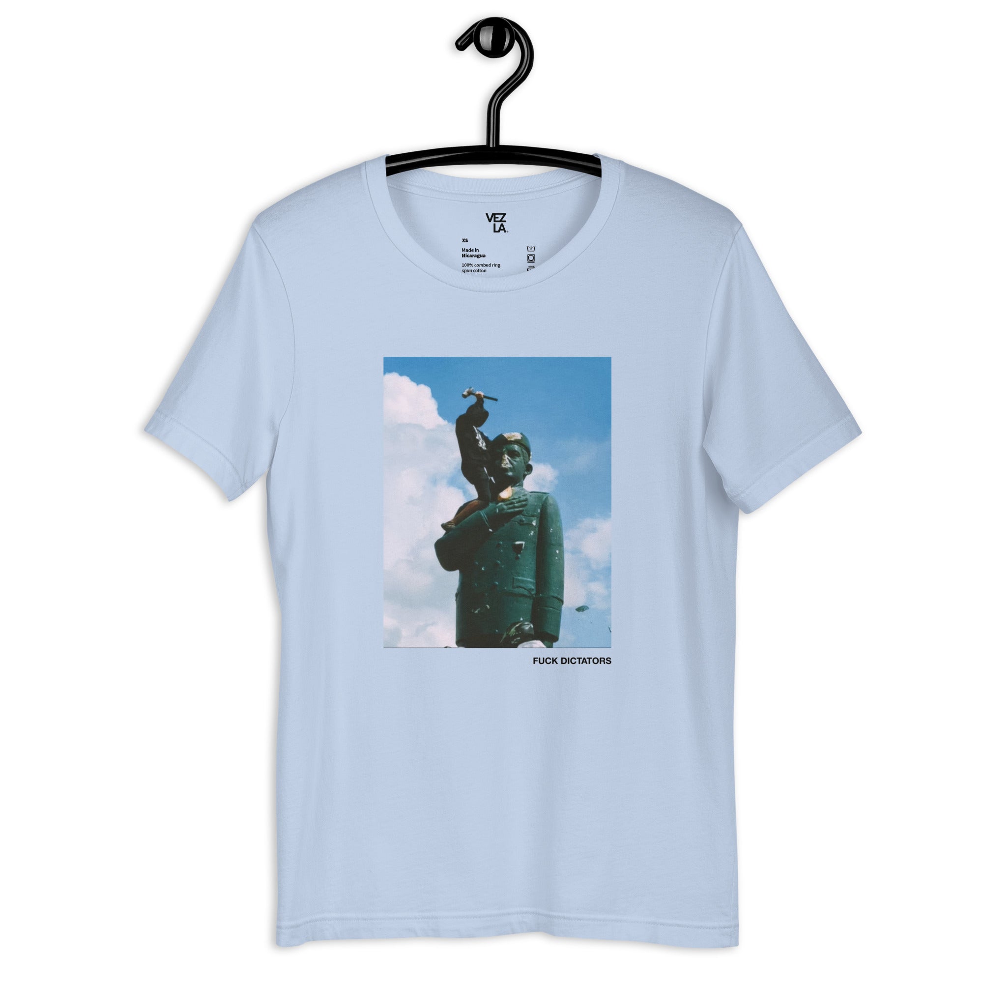 “F*ck Dictators” Chávez statue t-shirt in baby blue, front view — Venezuelan political humor #color_baby_blue