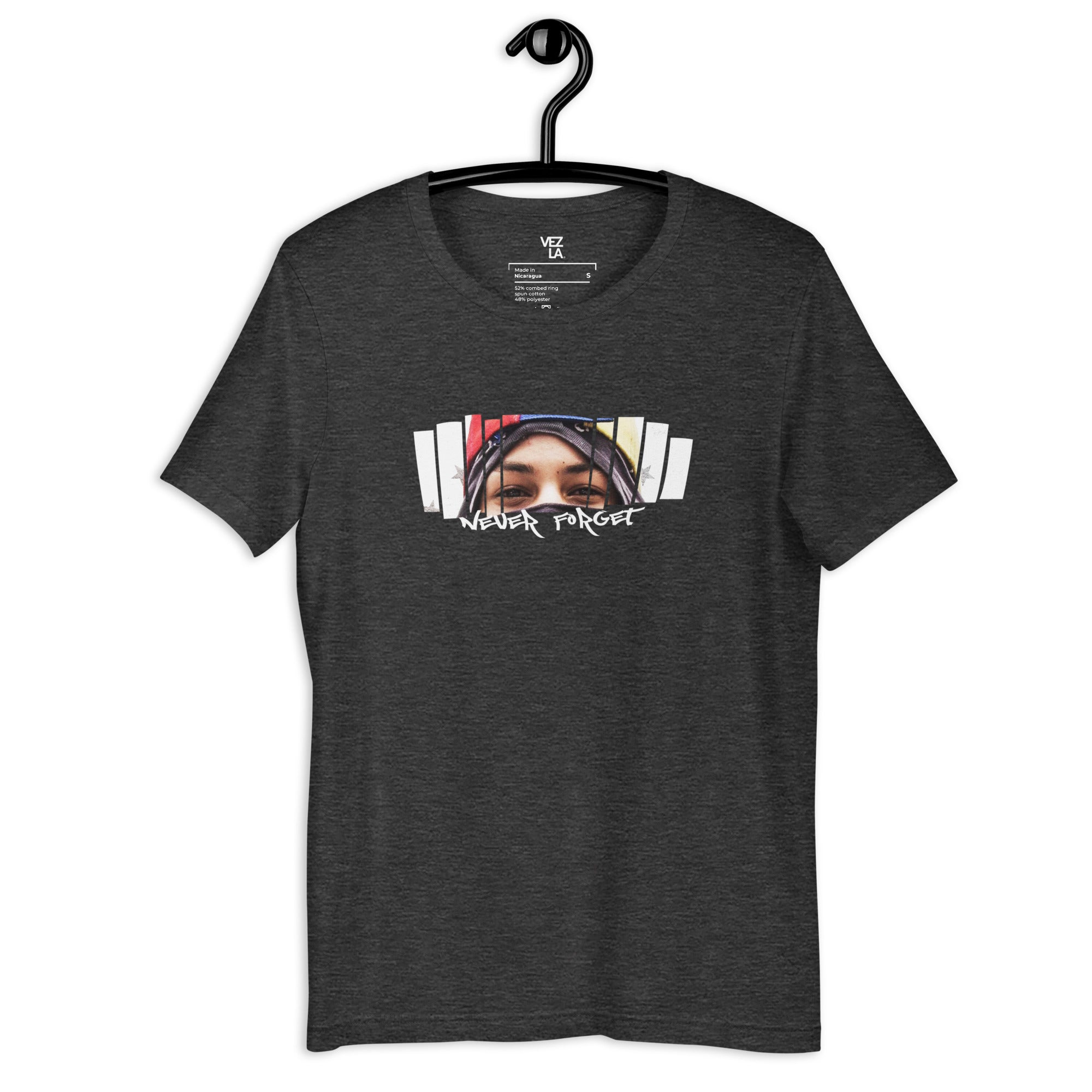 “Never Forget Neomar Lander” tribute t-shirt in dark grey heather, front view — Venezuelan t-shirt #color_dark_grey_heather