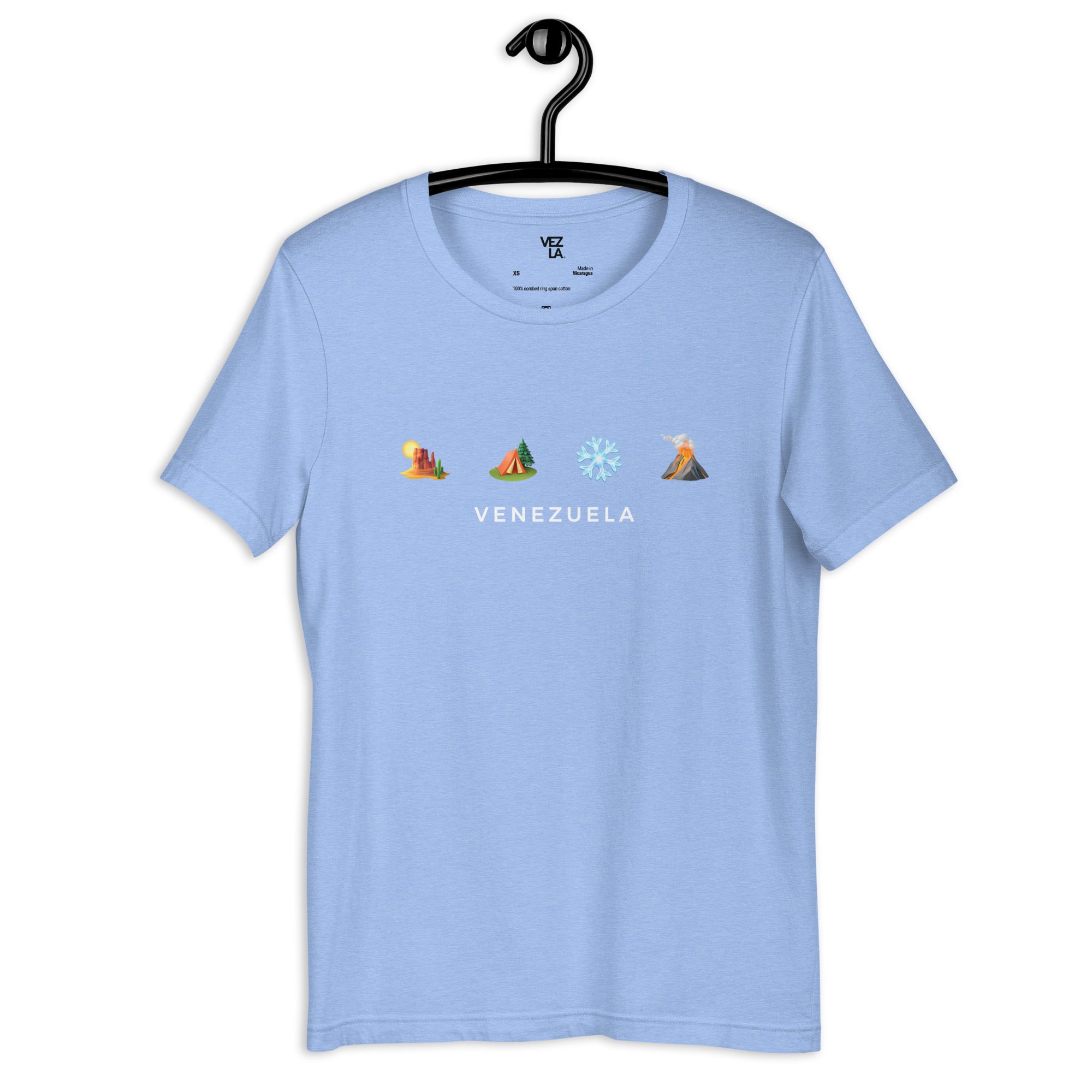 “Desierto, selva, nieve y volcán” t-shirt in heather carolina blue, front view — ropa venezolana #color_heather_carolina_blue