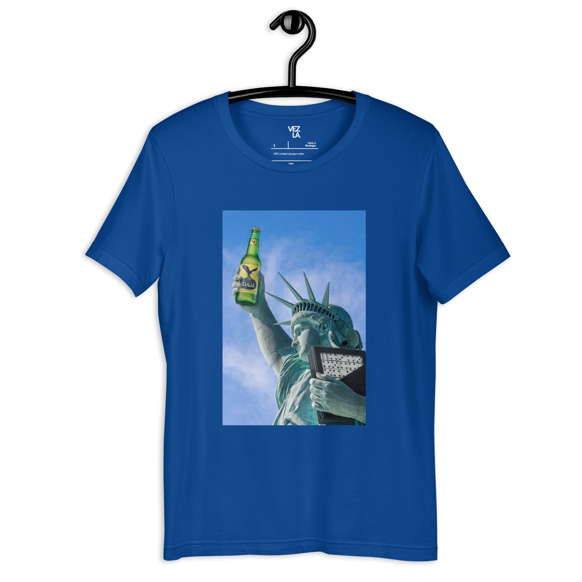 Statue of Liberty holding Zulia beer t-shirt in true royal, front view — Venezuelan American #color_true_royal