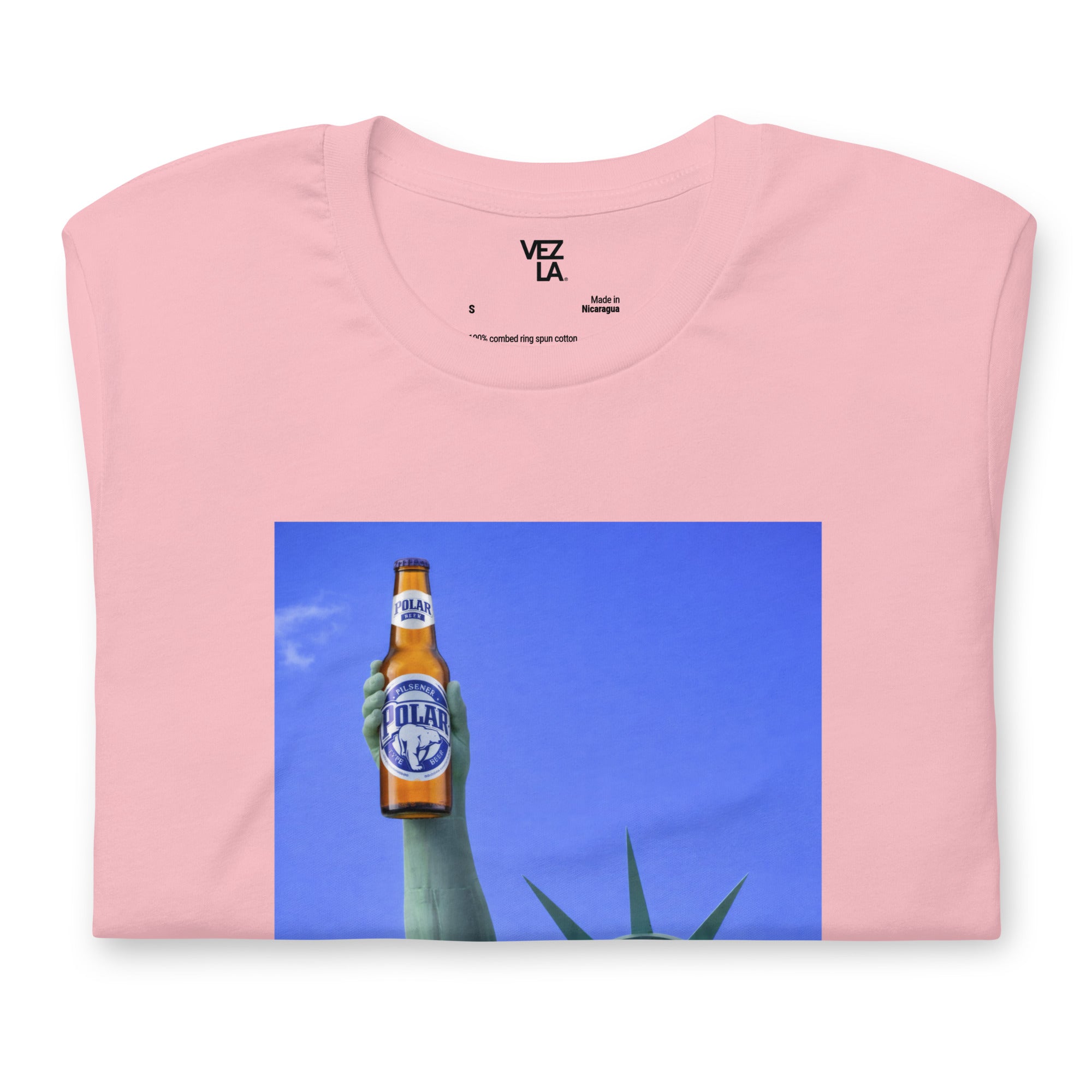 Statue of Liberty holding Polar beer t-shirt in pink, folded detail — Venezuelan American #color_pink