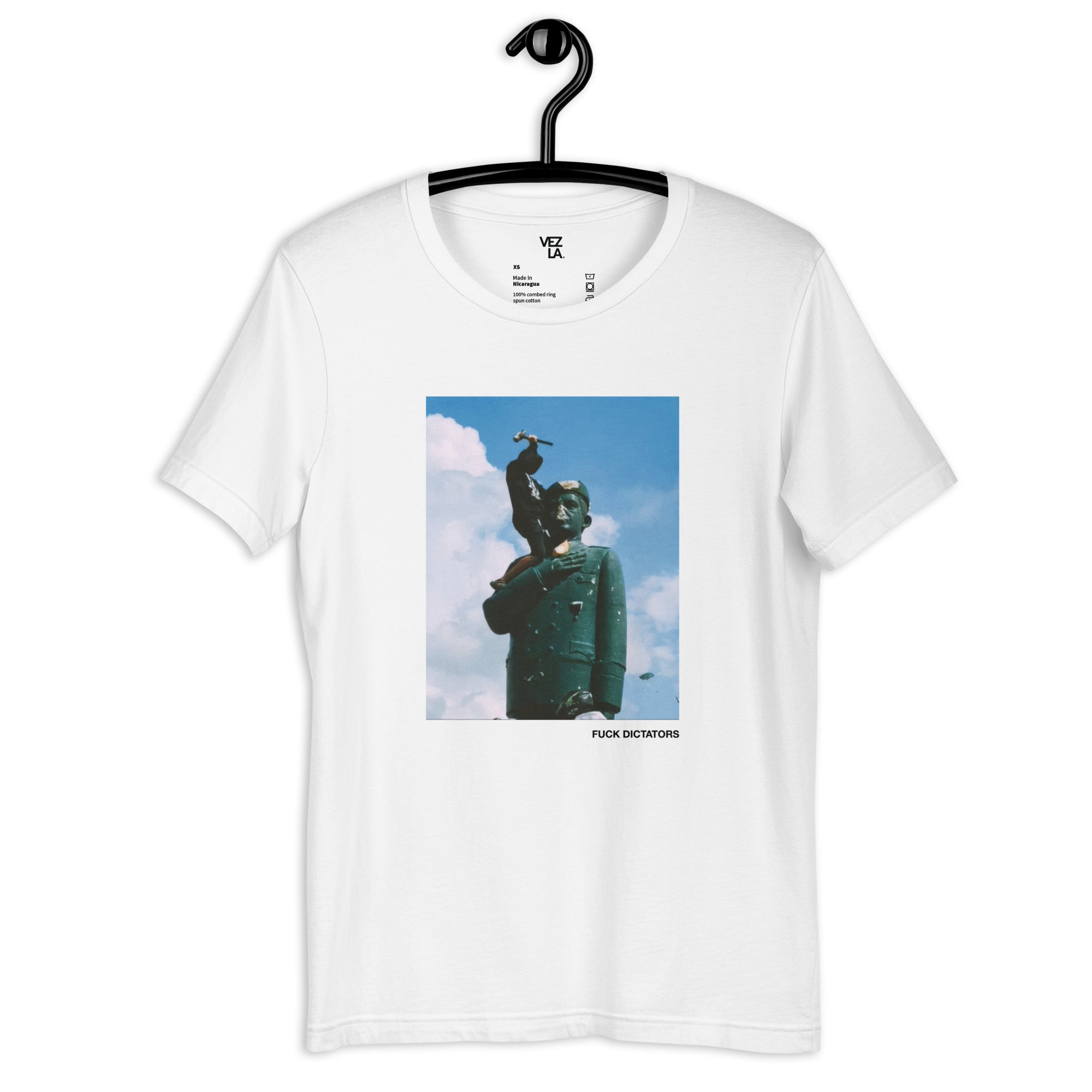 “F*ck Dictators” Chávez statue t-shirt in white, front view — Venezuelan political humor #color_white