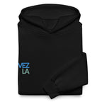 Statue of Liberty holding Zulia beer oversized hoodie in black, folded detail — Venezuelan American #color_black