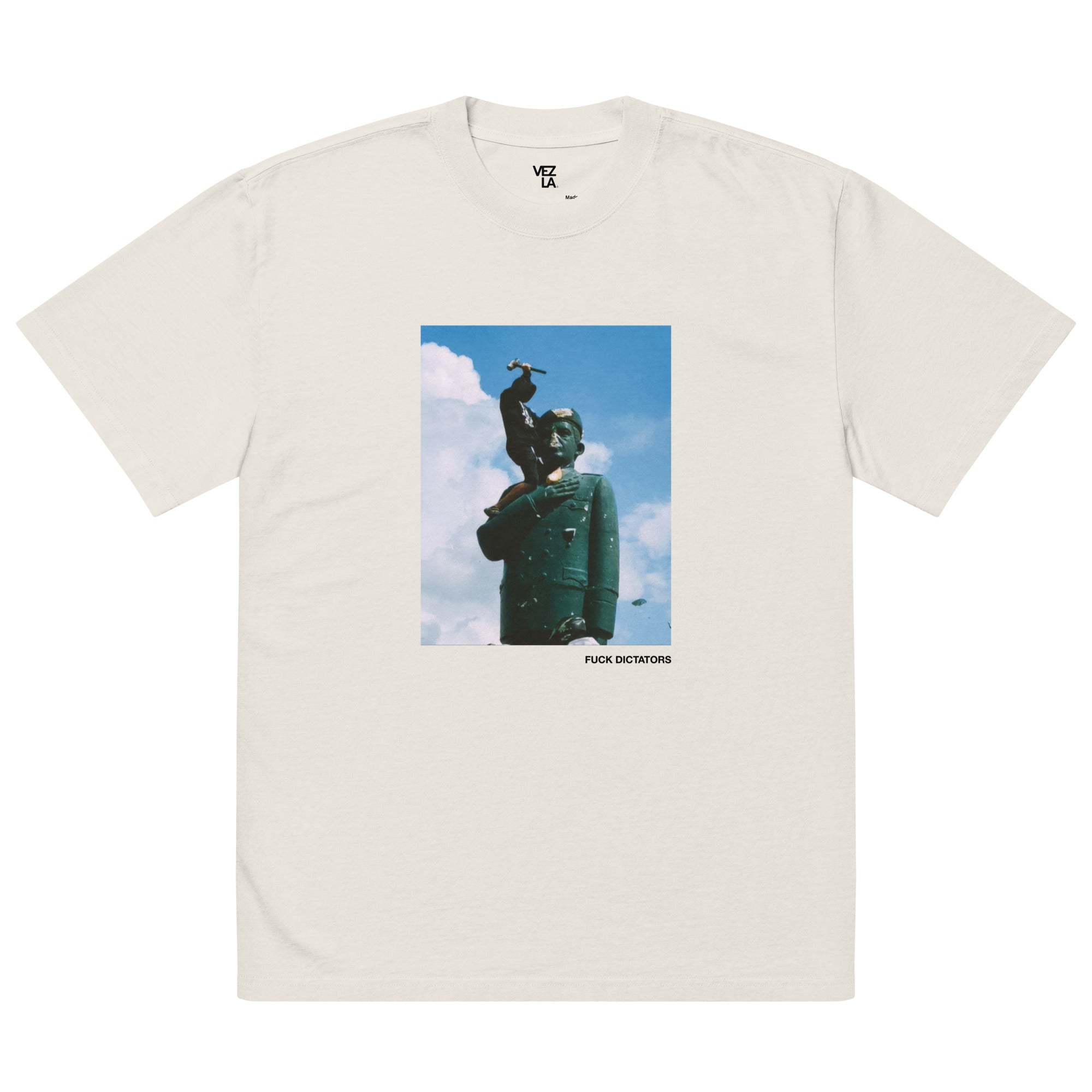 “F*ck Dictators” Chávez statue oversized faded tee in faded bone, front view — Venezuelan political humor #color_faded_bone