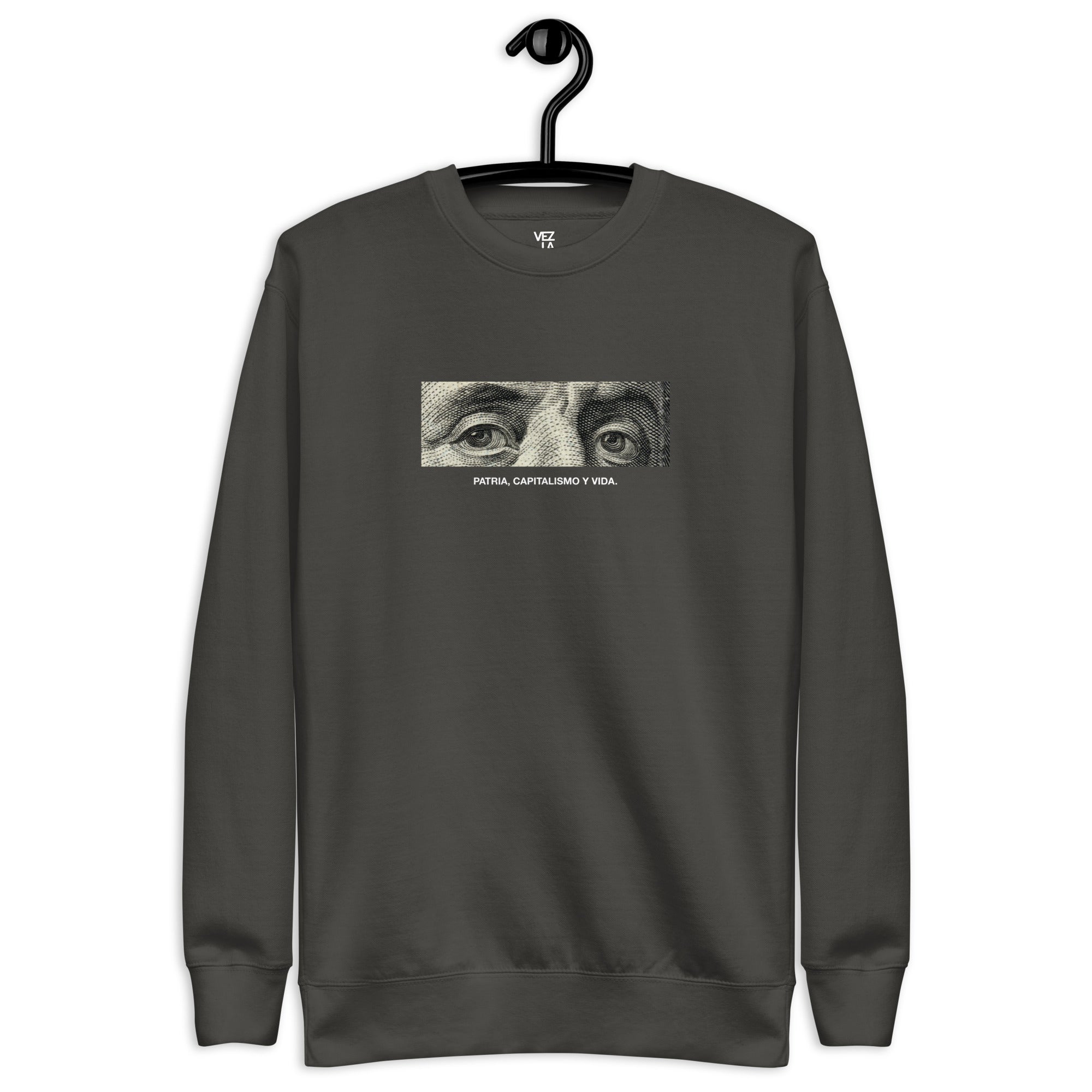 “Patria, Capitalismo y Vida” premium sweatshirt in vintage black, front view — Venezuelan political humor #color_vintage_black