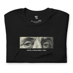 “Patria, Capitalismo y Vida” t-shirt in black, folded detail — Venezuelan political humor #color_black