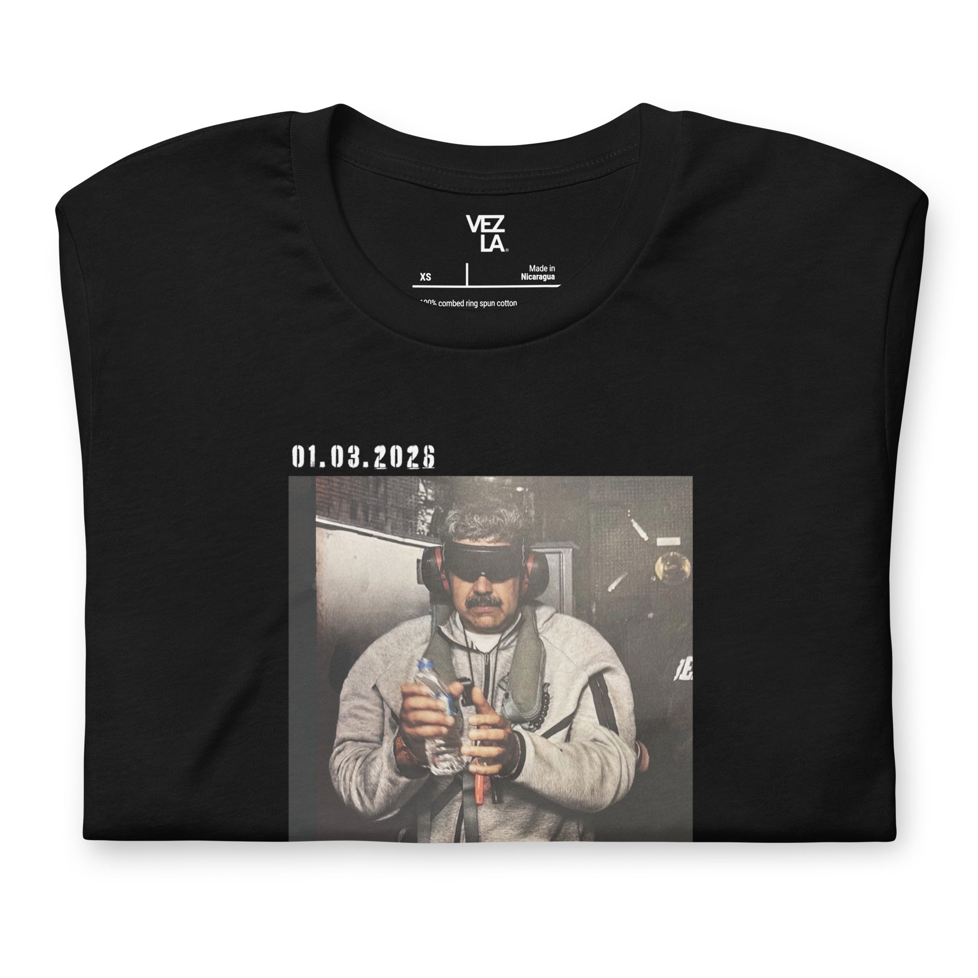 January 3rd 2026 “Venezuela Libre” t-shirt in black, folded detail — Venezuelan t-shirt #color_black