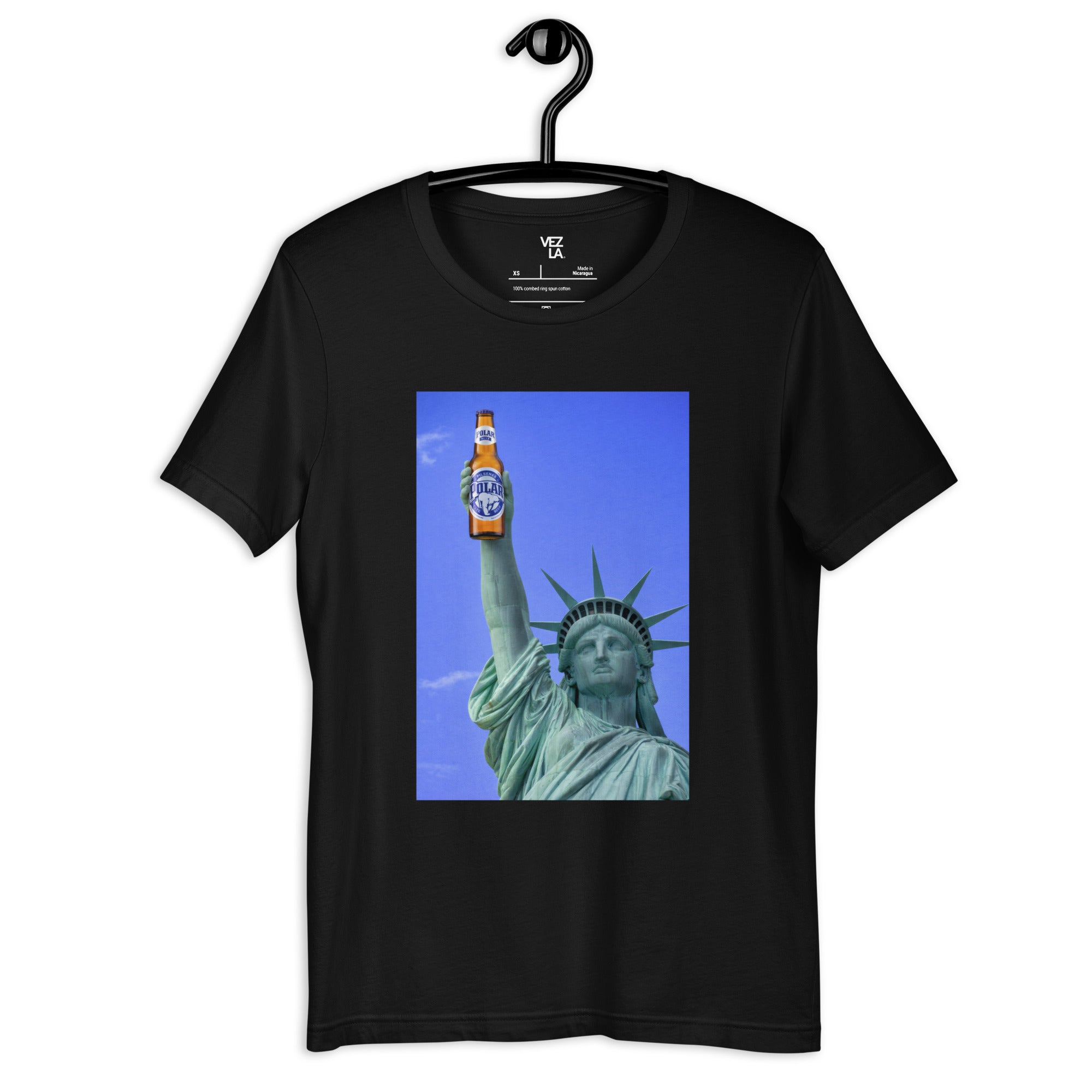 Statue of Liberty holding Polar beer t-shirt in black, front view — Venezuelan American #color_black