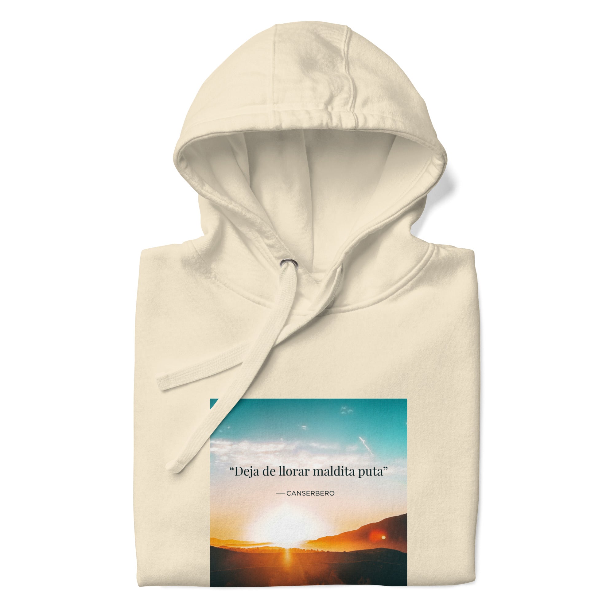 Canserbero “inspirational” quote hoodie in bone, folded detail — Canserbero merch #color_bone