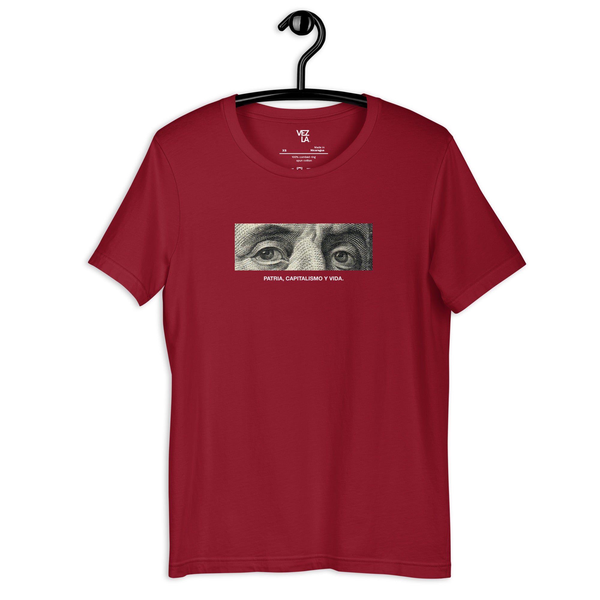 “Patria, Capitalismo y Vida” t-shirt in cardinal, front view — Venezuelan political humor #color_cardinal