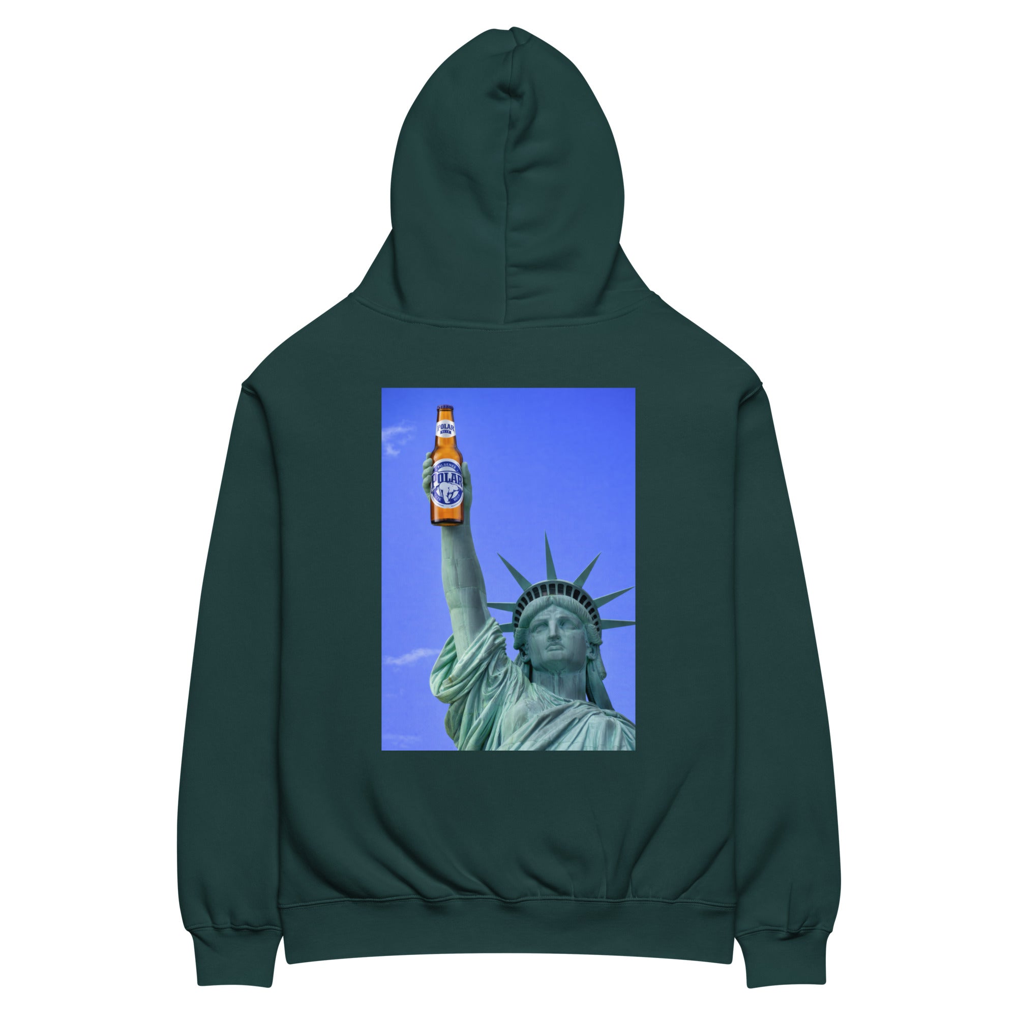 Statue of Liberty holding Polar beer oversized hoodie in pine green, front view — Venezuelan American #color_pine_green