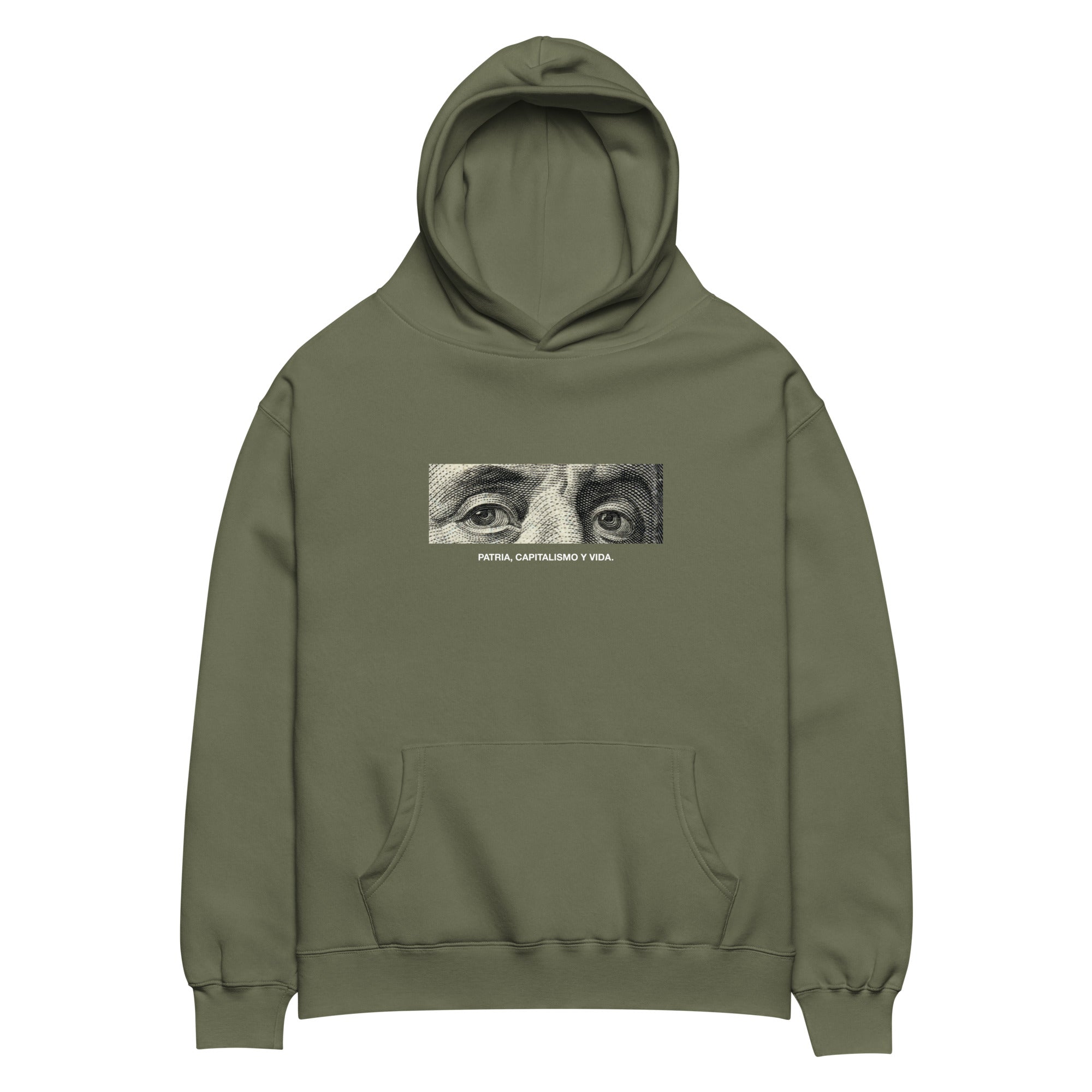 “Patria, Capitalismo y Vida” oversized hoodie in cypress, front view — Venezuelan political humor #color_cypress