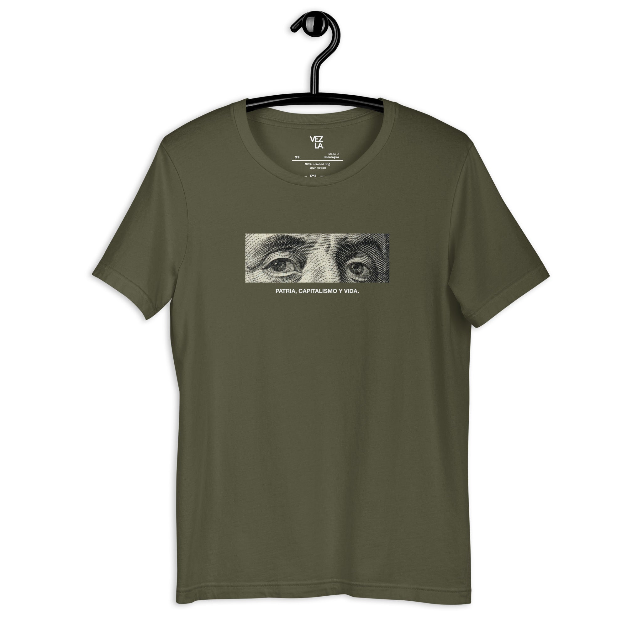 “Patria, Capitalismo y Vida” t-shirt in military green, front view — Venezuelan political humor #color_military_green