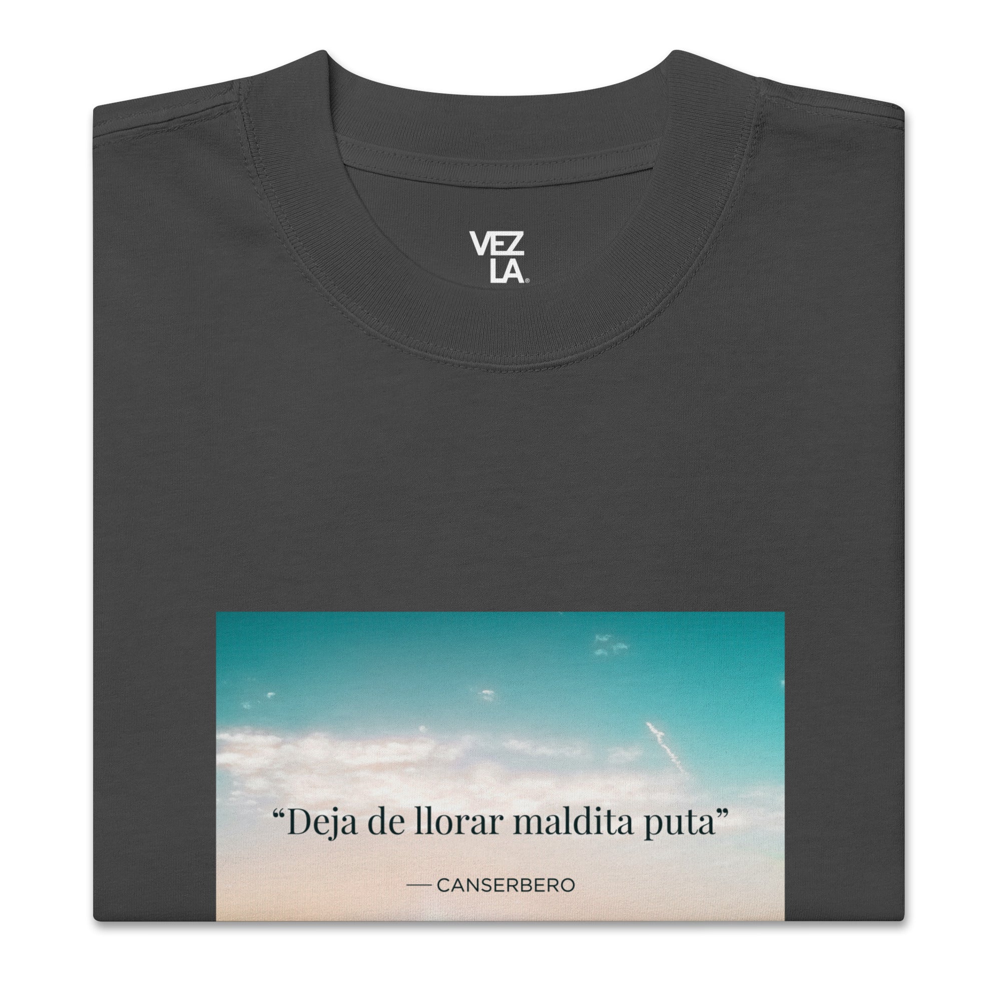 Canserbero “inspirational” quote oversized faded tee in faded black, folded detail — Canserbero merch #color_faded_black